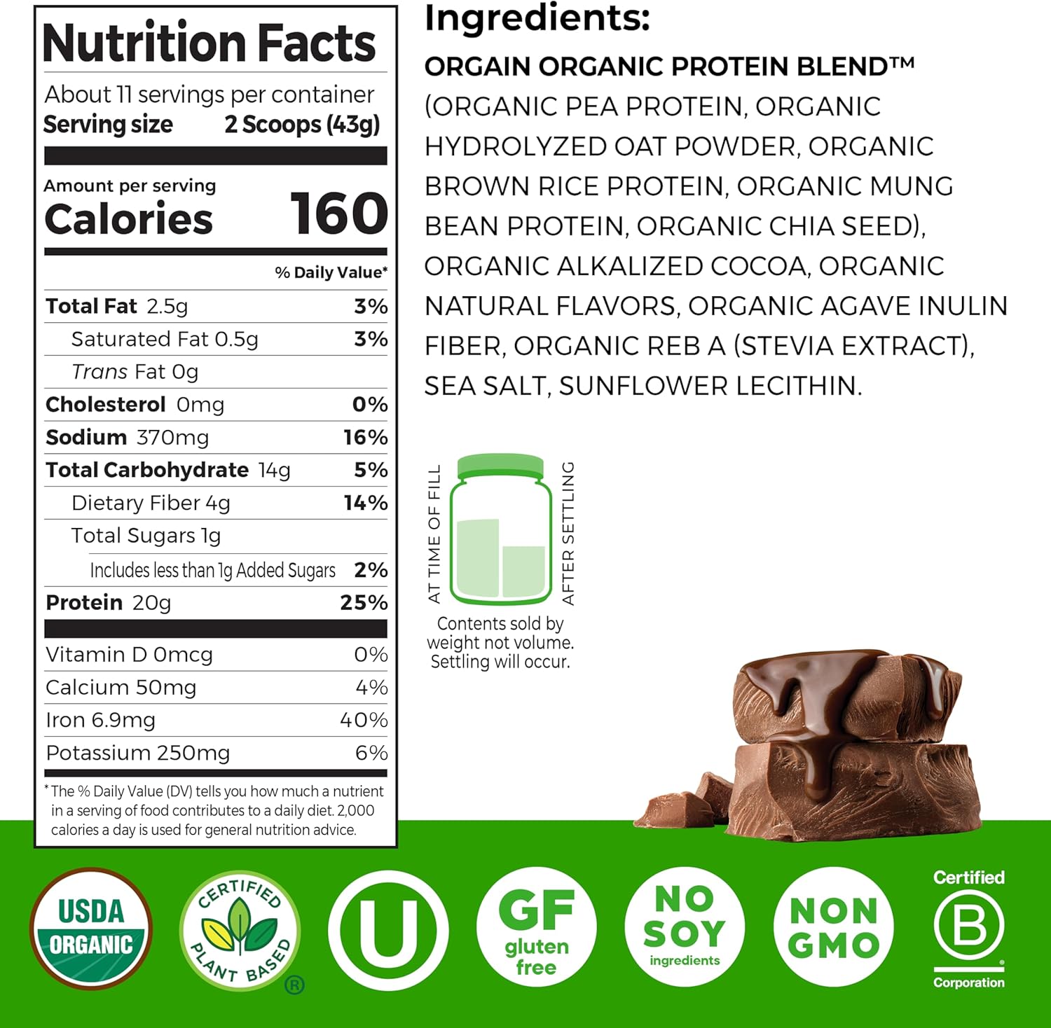 Orgain Organic Vegan Protein Powder + Oat Milk, Chocolate - 20g Plant Based Protein, Gluten Free, No Dairy, Soy or Lactose Ingredients, Low Sugar, Non-GMO, Kosher, For Shakes & Smoothies - 1.05lb - Image 2