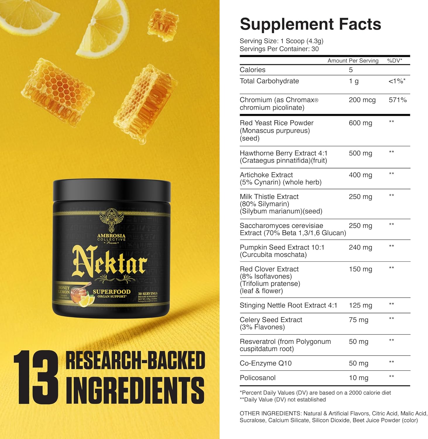 Ambrosia Nektar - Superfood Powder | Daily Organ Support Supplement | Greens Powder Alternative | 13 Superfoods for Energy, Digestion, Skin Health & Immune Support | 30 Servings | Honey Lemon - Image 4