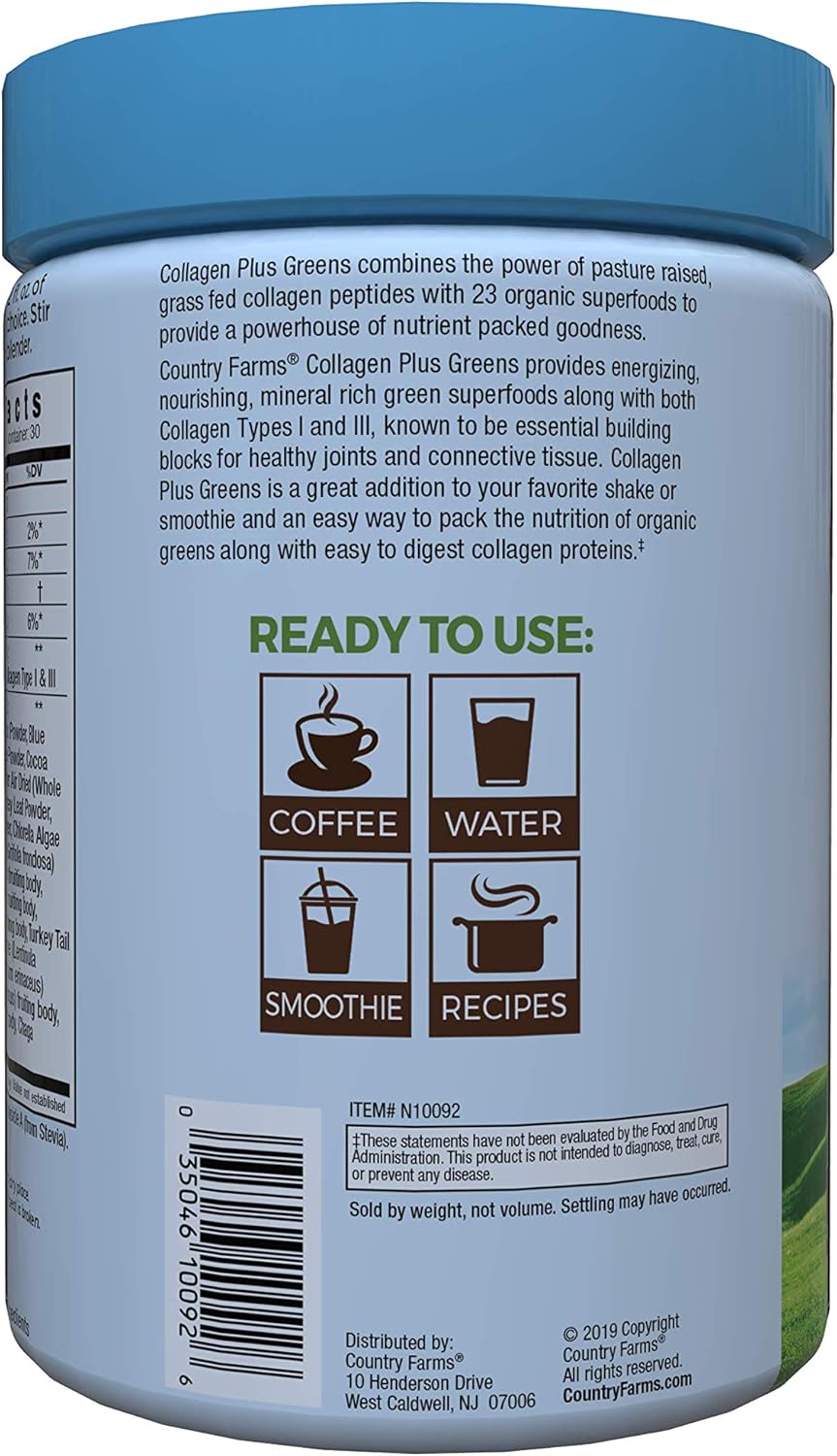 Country Farms Collagen Peptides Powder with Greens Dietary Powder Supplement (Type I, III) for Skin Hair Nail and Joints, Dairy/Gluten/Sugar Free, Energizing Superfoods, Natural, 10.6 Oz 30 Servings - Image 5