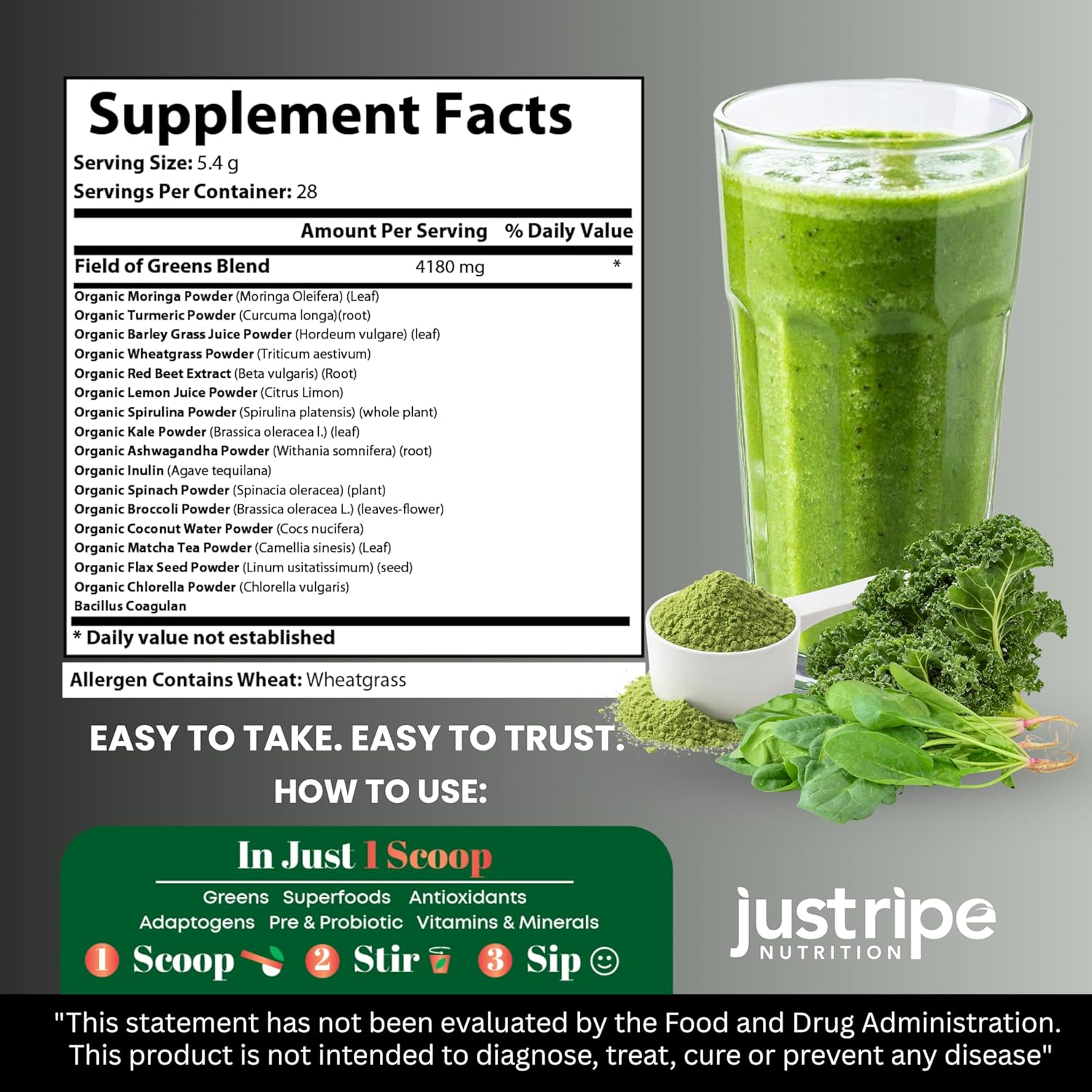 Field of Greens Superfood Powder with Organic Spirulina, Chlorella, Beet Root Powder - Bacillus Coagulans Probiotic, A Plant-Based Mix Supporting Gut Health, Immunity, 28 Scoops - Unflavored - Image 2