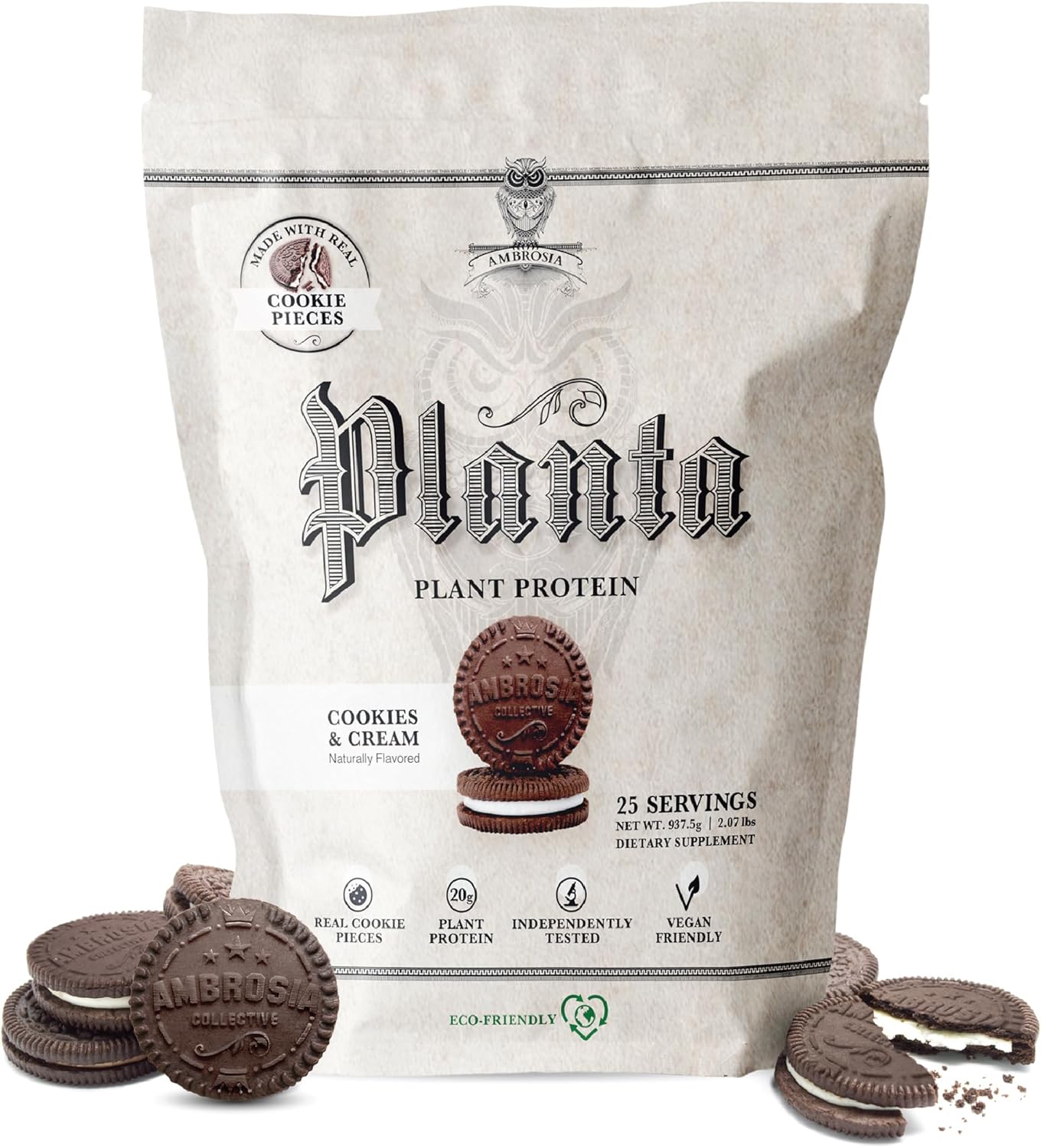 Ambrosia Planta - Plant-Based Protein Powder 20g | Dairy Free Vegan Protein Powder with BCAA Amino Acids | Keto-Friendly, No Added Sugar | 25 Servings | Cookies Cream
