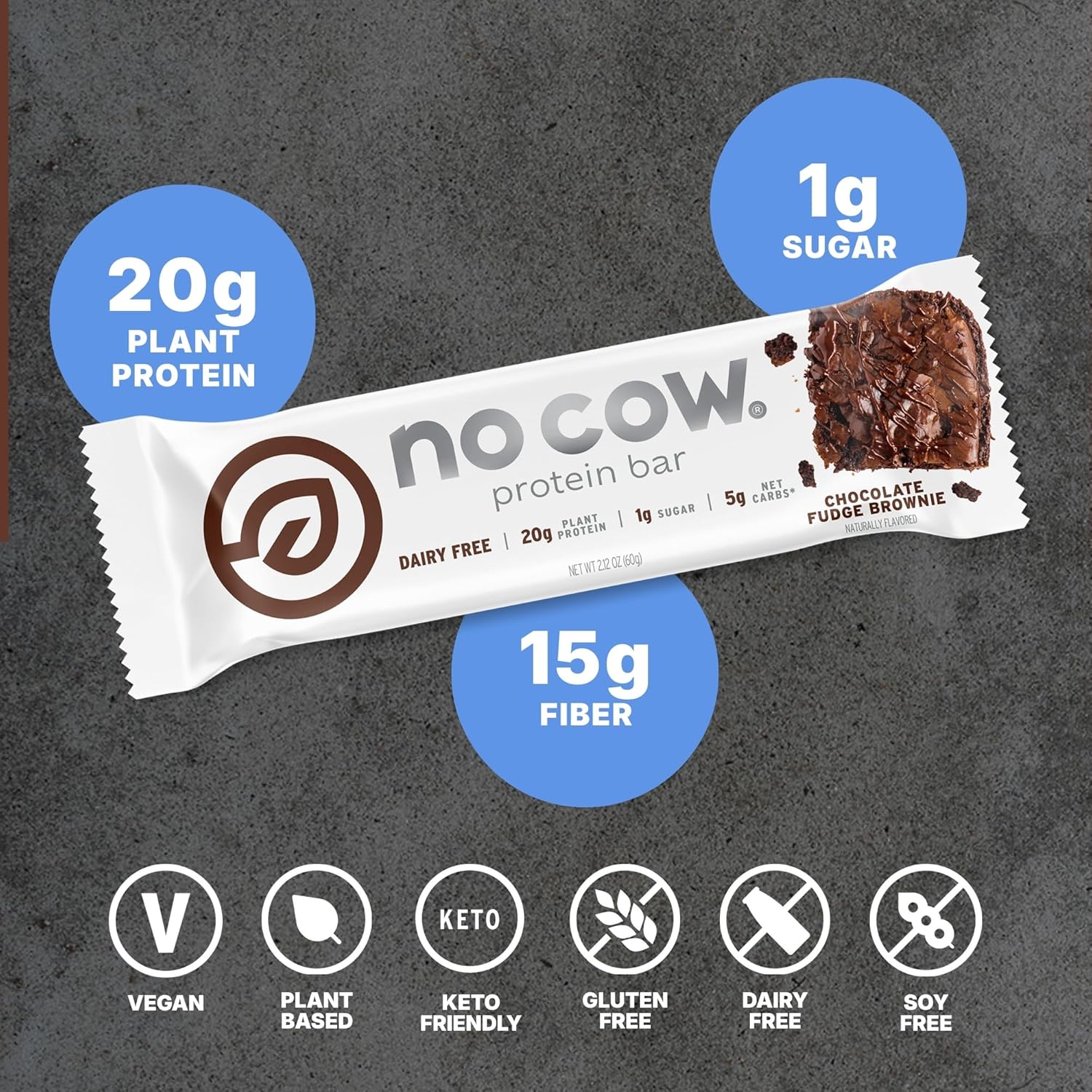 No Cow Vegan Protein Bars, Upgraded Chocolate Fudge Brownie | 20g Plant Based Protein, Gluten Free, Dairy Free, Soy Free, Keto Friendly, Low Sugar, High Fiber Snack Bars | Pack of 12 - Image 3
