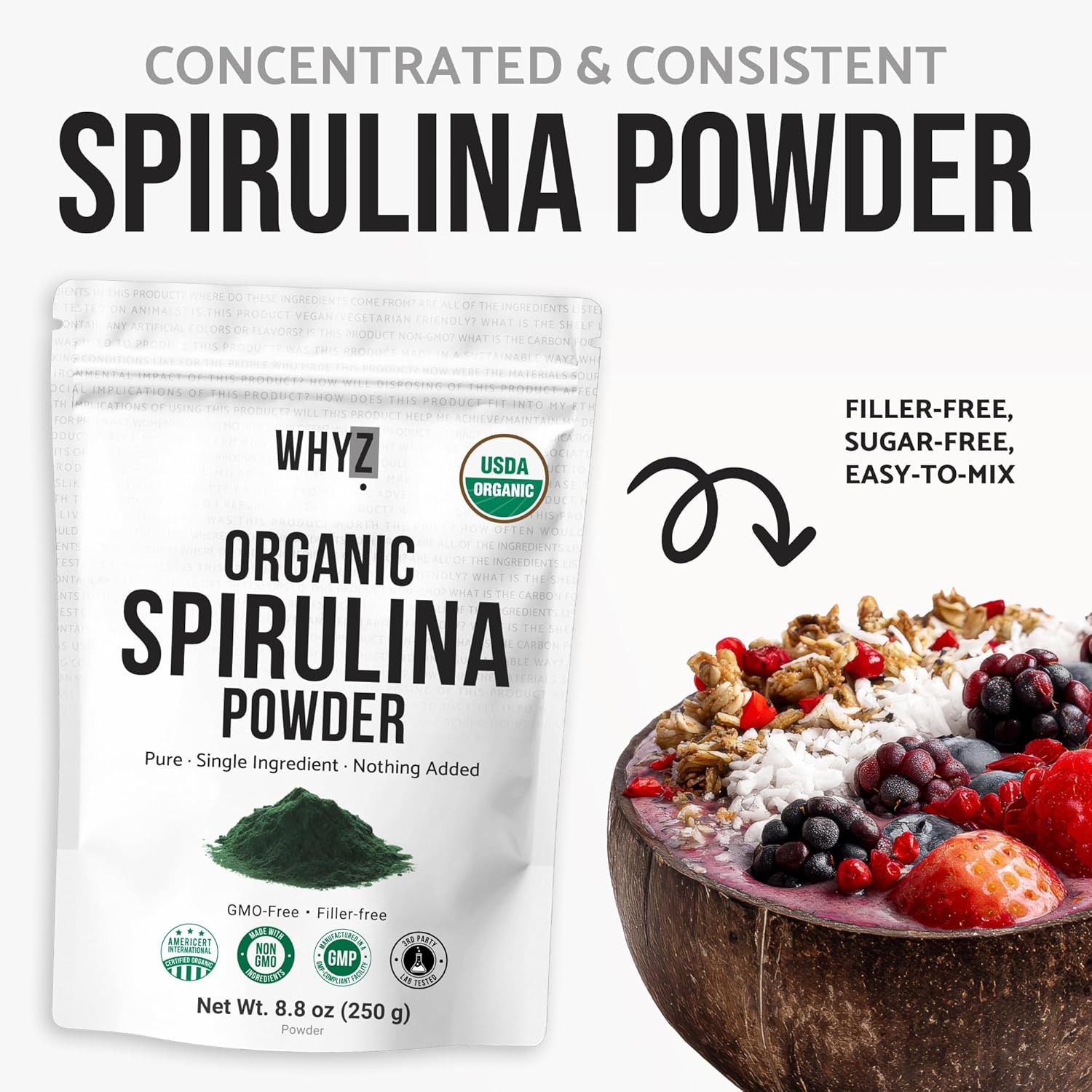 WHYZ Organic Spirulina Powder, 250g, Protein-Rich Spirulina Supplement, Organic Superfood for Immune Support, Green Spirulina Powder Organic Non GMO for Smoothies & Recipes (8.8 oz) - Image 5