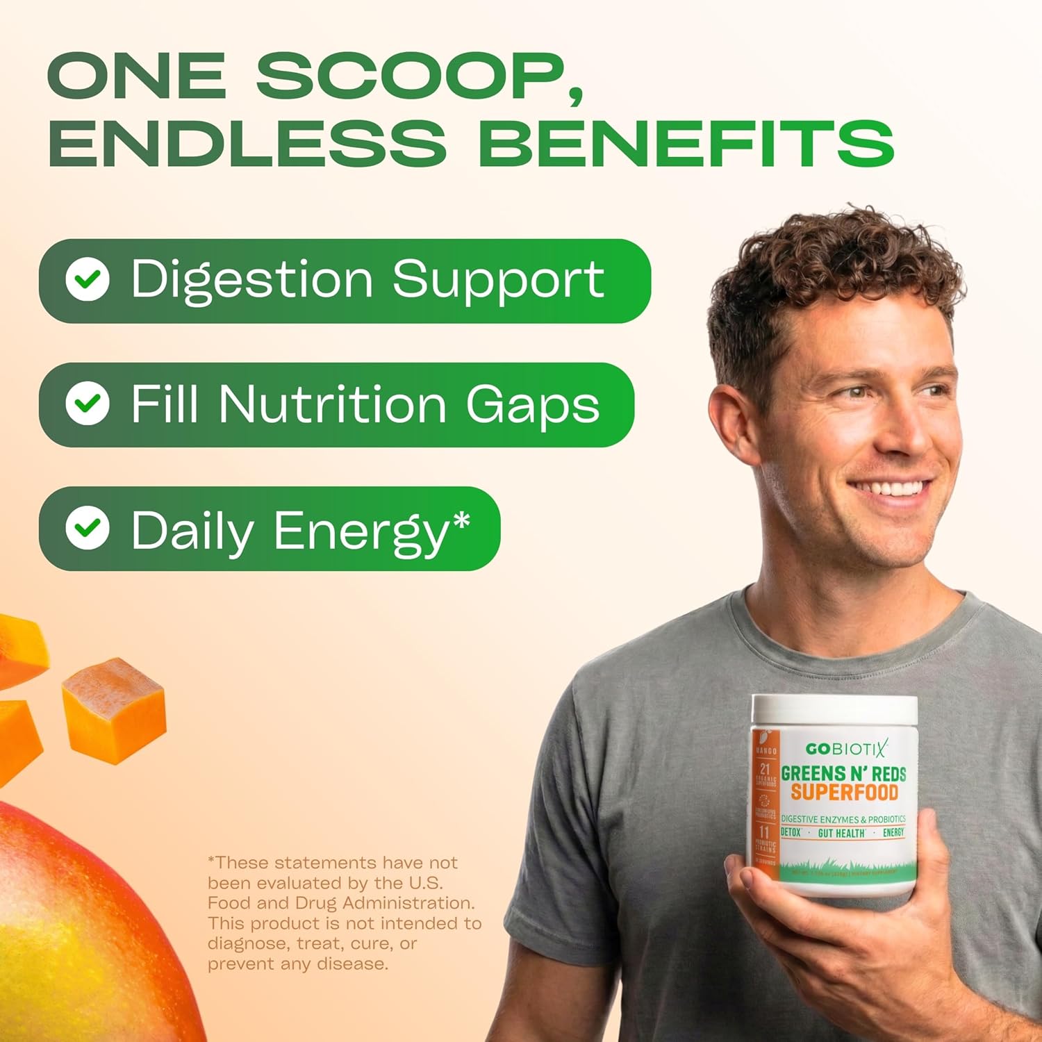GOBIOTIX Super Greens Powder with Organic Spirulina - Superfood Supplement with Fruit Blend, Probiotics and Enzymes for Digestive Health - Vegan, Non-GMO - 30 Servings (Mango - 1 Pack) - Image 3