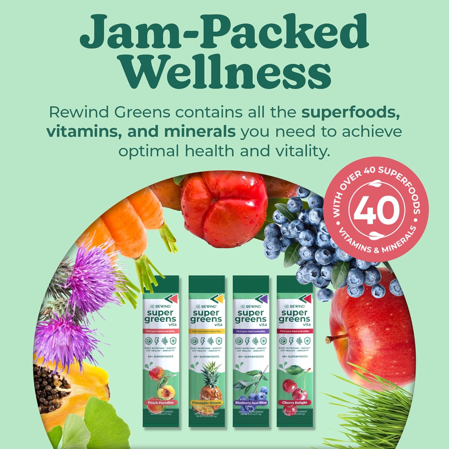 Rewind Best Tasting Vita Variety Sample Stick Pouch - Super Greens Powder Packets - Delicious Green Juice Drink Mix with Amazing Flavor - Over 40 Superfoods - Variety Pack (12 Sticks) - Image 2