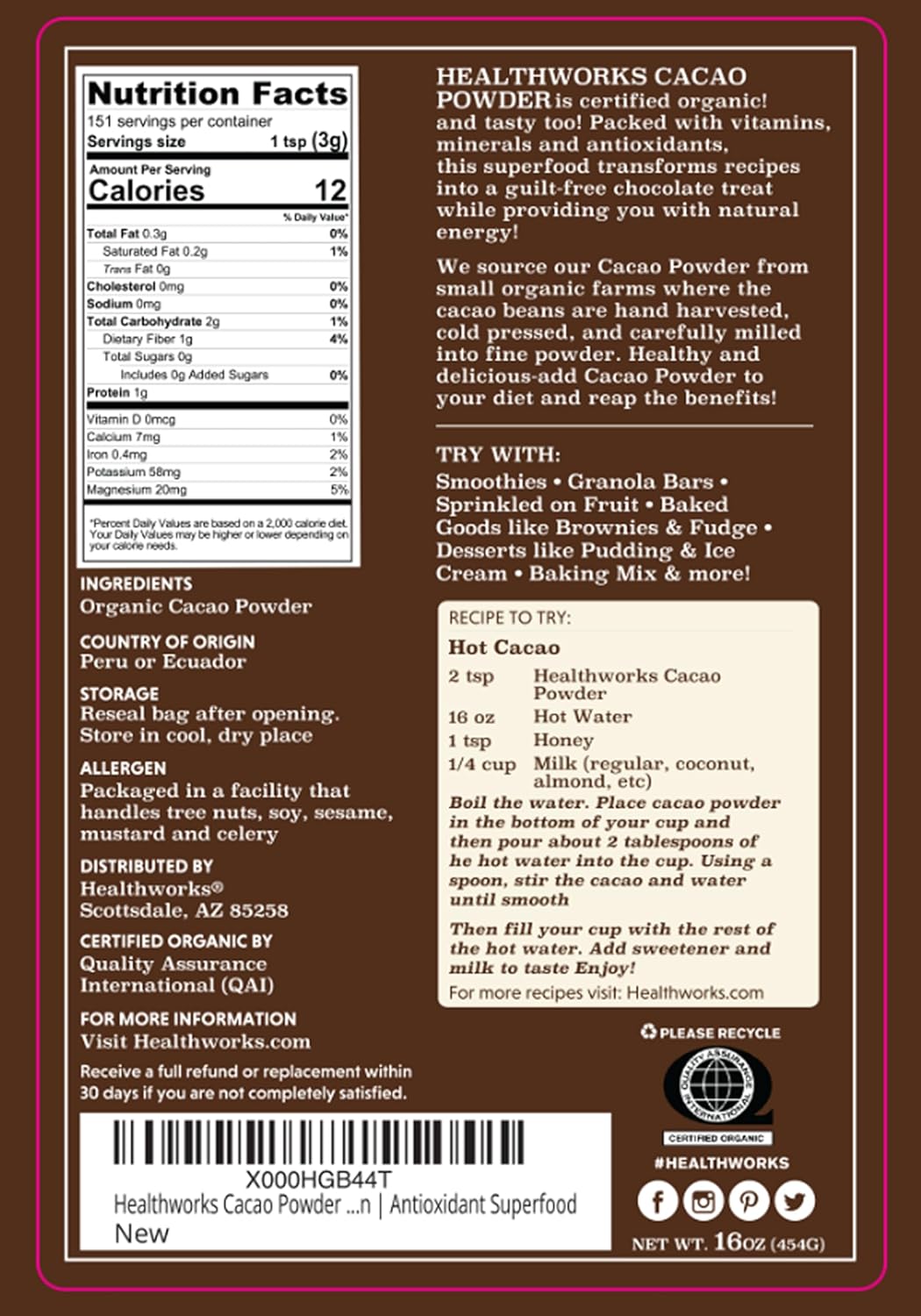 Healthworks Superfoods Organic Cacao Powder - 16 Oz / 1 Lb - Cocoa Chocolate Substitute - Rich Chocolate Flavour - Sugar-Free, Keto, Vegan & Non-GMO - Peruvian Bean/Nut Origin - Antioxidant Superfood - Image 2
