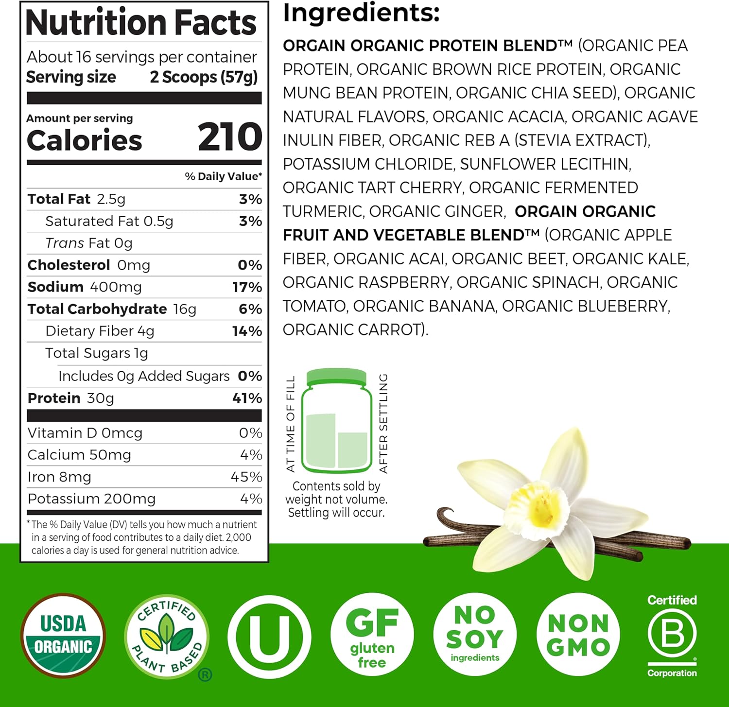 Orgain Organic 30g Vegan Plant Protein Powder, Vanilla, 9g EAAs + BCAAs, High Plant Protein, 4g Prebiotic + Fiber, 1g Sugar, Pre-Workout, Muscle Support + Recovery - 2.01lb (Packaging May Vary) - Image 2
