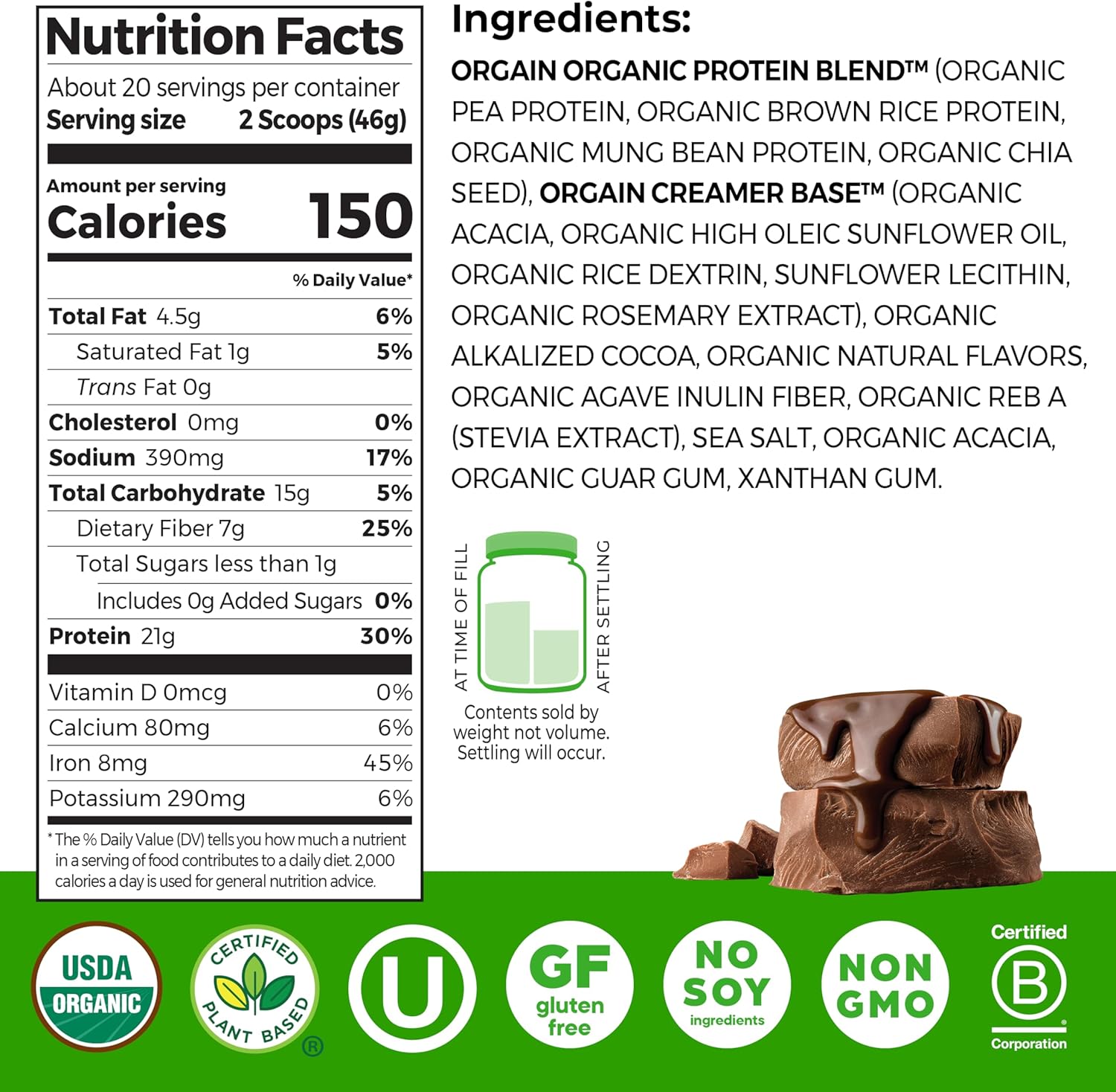 Orgain Organic Vegan Protein Powder, Creamy Chocolate Fudge - 21g Plant Protein, 6g Prebiotic Fiber, Low Net Carb, No Lactose Ingredients, No Added Sugar, Non-GMO, For Shakes & Smoothies, 2.03 lb - Image 2