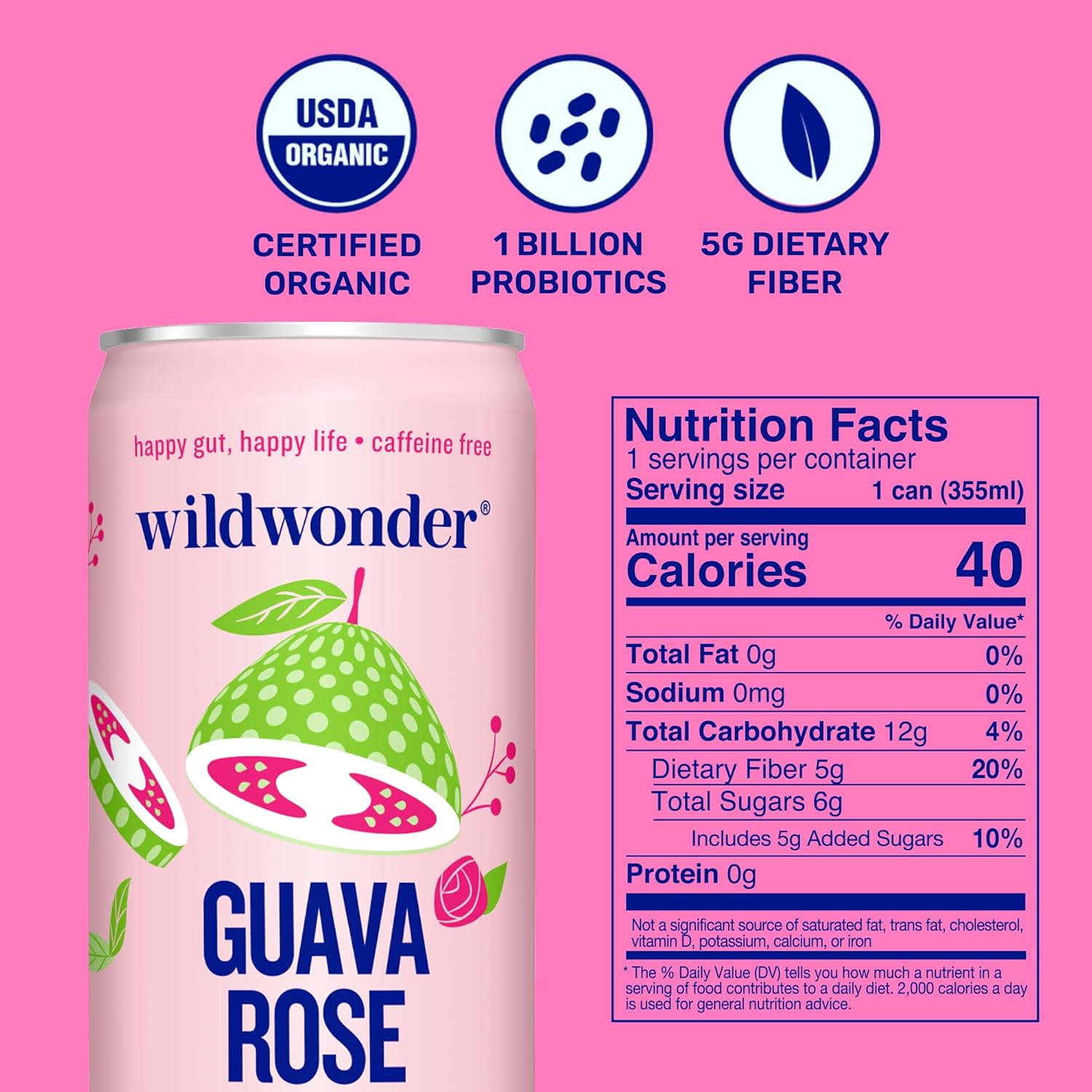 wildwonder Sparkling Probiotic Drink 12pk, for Gut Health & Immune Support, Guava Rose, 5 G Prebiotic Fiber, Live Probiotics, Organic, Vegan, Low Sugar, 12 Pack, 12 Oz Can, As Seen on Shark Tank - Image 2