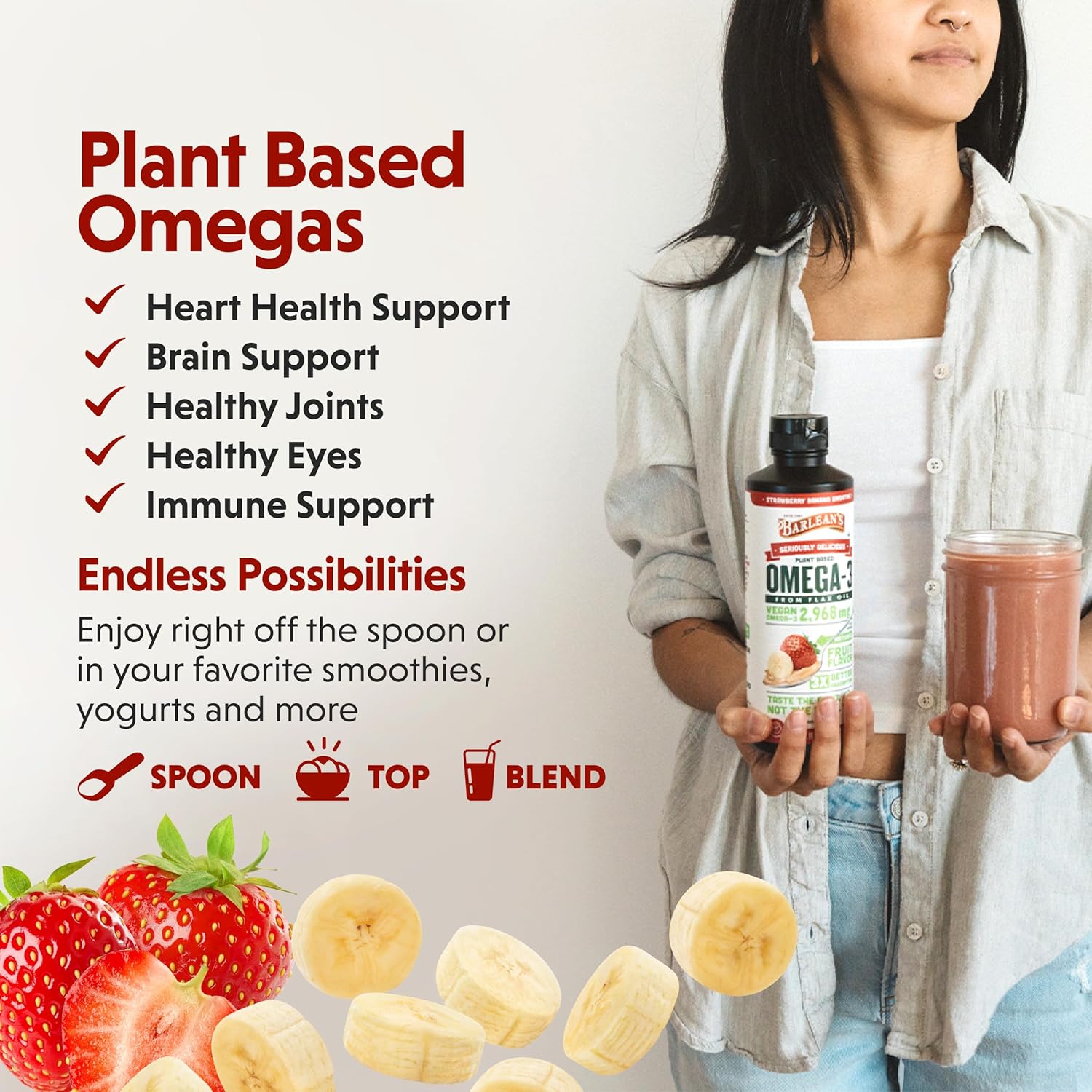 Barlean's Vegan Omega 3 6 9 Flaxseed Oil Liquid Supplement, Strawberry Banana Smoothie, Flax Seeds Oil with 2,968 mg ALA Fatty Acid, Non-GMO and Gluten Free, 16 oz - Image 3
