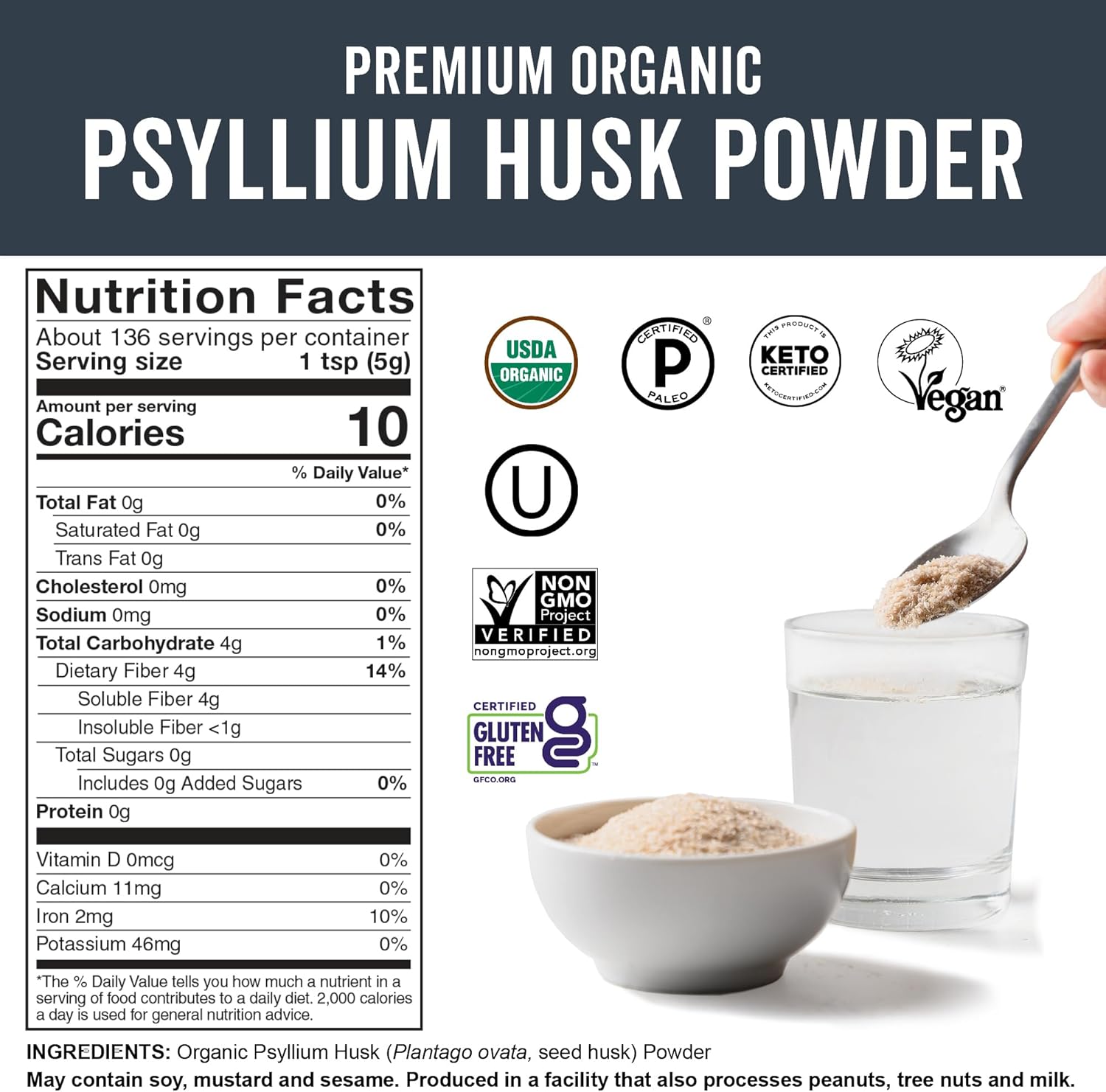 Viva Naturals Organic Psyllium Husk Powder, 24 oz – Finely Ground, Unflavored, Vegan, Keto, Paleo, Non-GMO Plant-Based Superfood, Good Source of Fiber for Gluten-Free Baking, Juices & Smoothies - Image 7