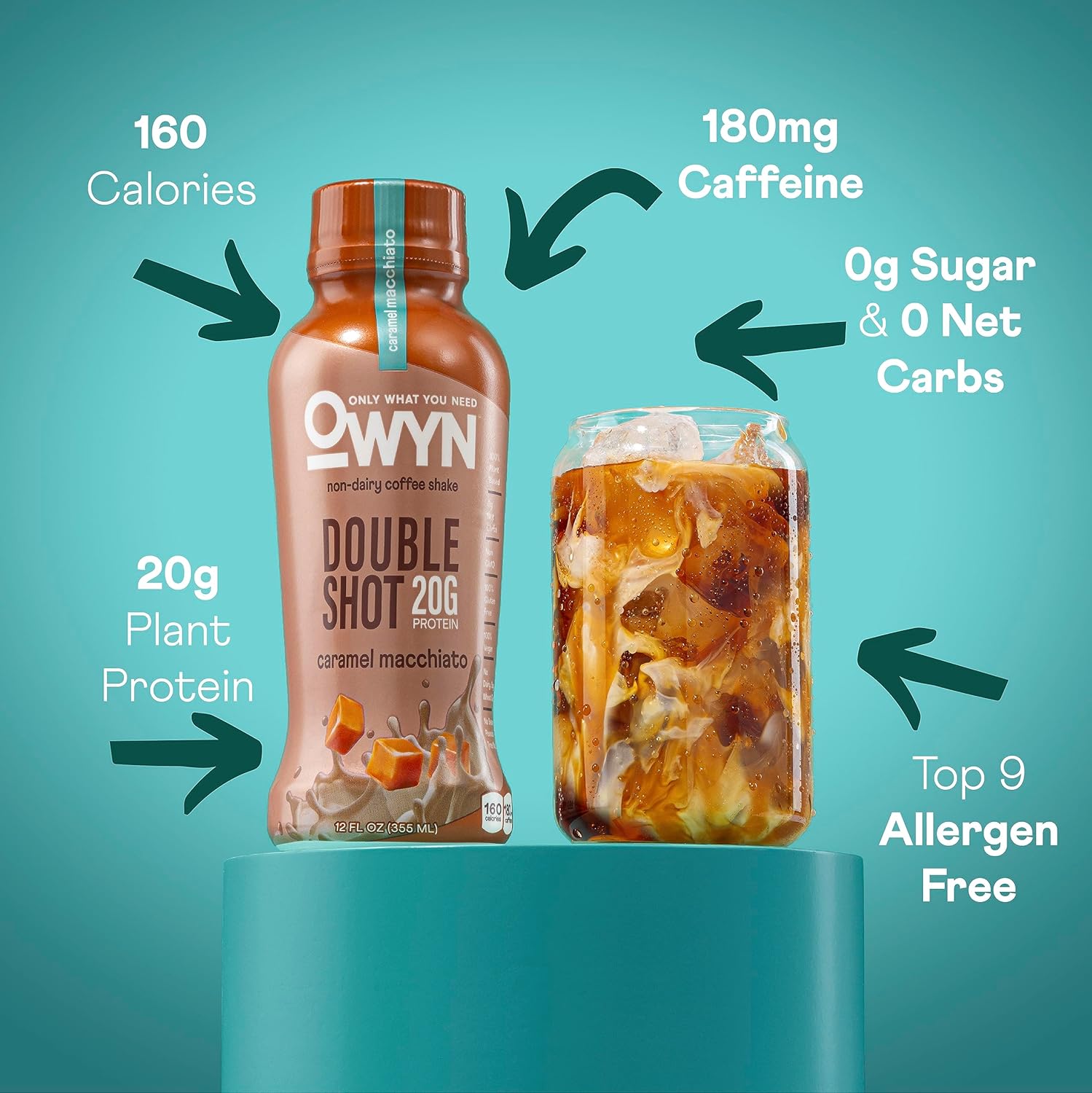 OWYN Only What You Need Double Shot Dairy Free Keto Protein Coffee Shake, Caramel Macchiato, 0g Sugar, 20g Plant Based Protein, 180mg Caffeine, Gluten & Soy Free, Non-GMO, Vegan (12 Pack, 12 Fl Oz) - Image 2