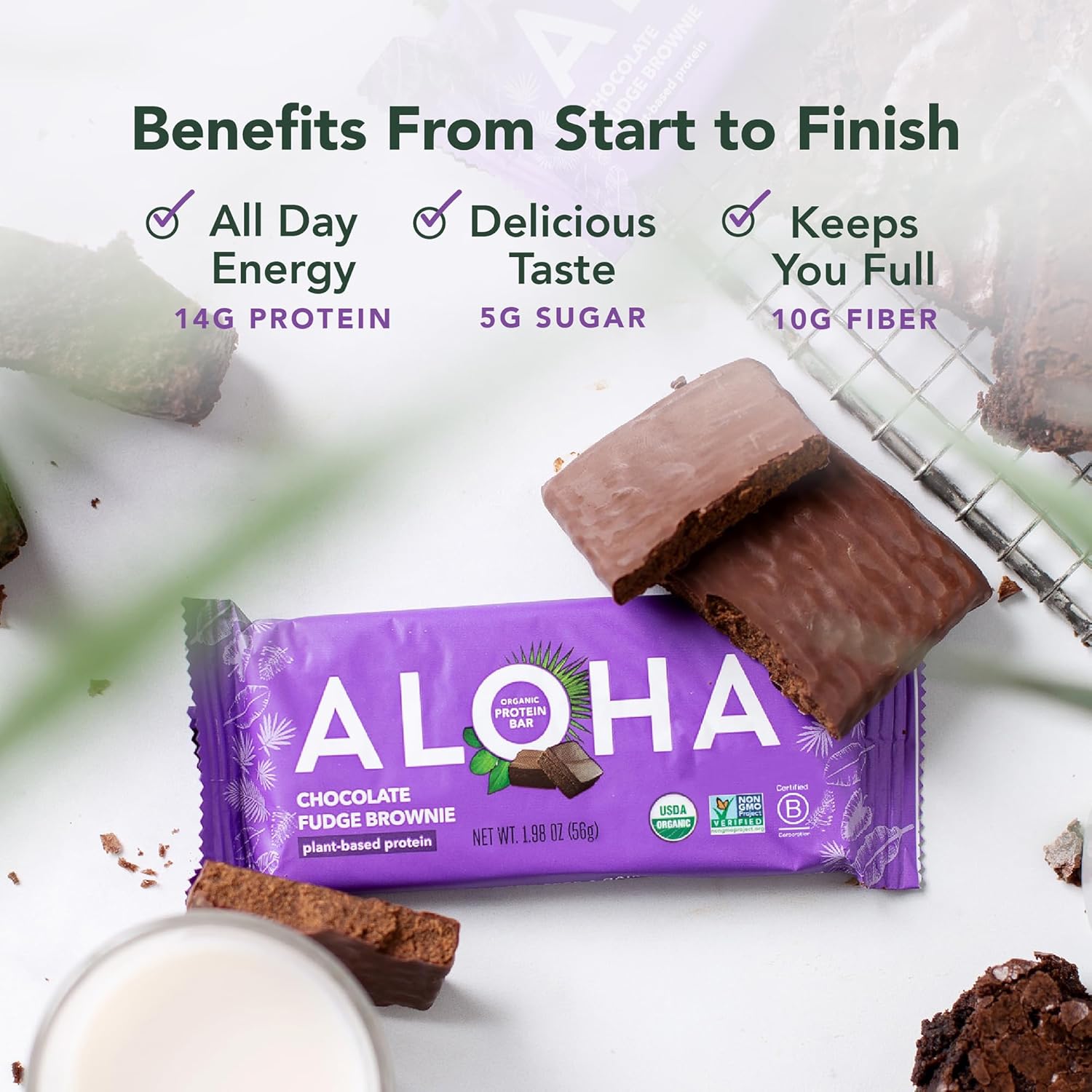 ALOHA Organic Plant-Based Protein Bars | Chocolate Fudge Brownie | Vegan, Gluten-Free, Paleo, Low-Carb, Non-GMO, Soy-Free, 12 Count - Image 3
