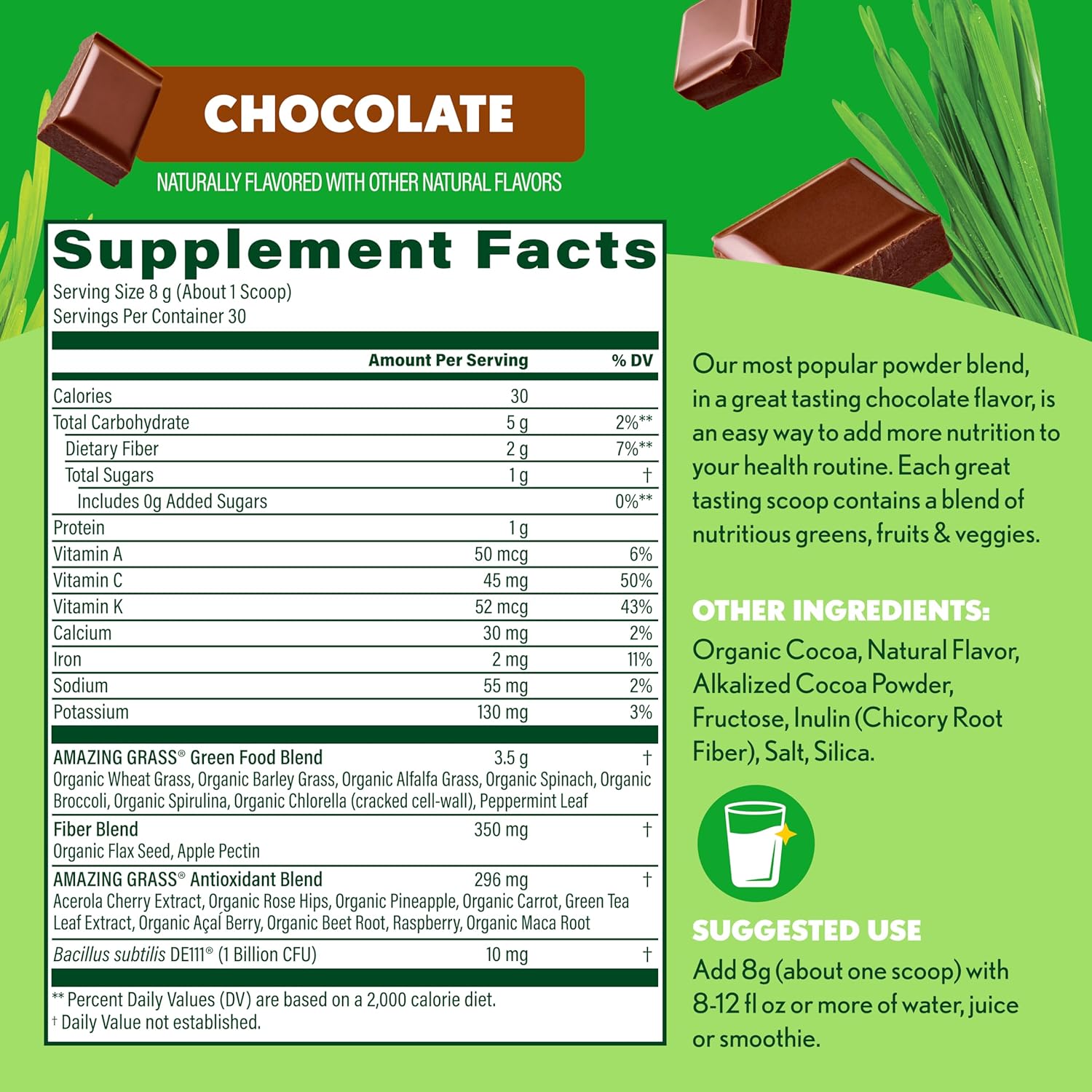 Amazing Grass Greens Superfood Powder: Greens Powder with Digestive Enzymes & Probiotics, Organic Spirulina, Chlorella, and Beet Root Powder, Chocolate, 30 Servings - Image 7