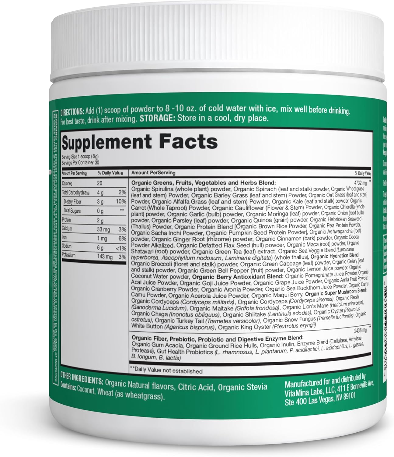 Zena Nutrition Organic Super Greens Powder, 70+ Superfoods, 0 Sugar, 3G Fiber, Spirulina, Chlorella, Mushrooms, Prebiotics/Probiotics, Digestive Enzymes for Gut Health, Mango, 30 Servings - Image 8