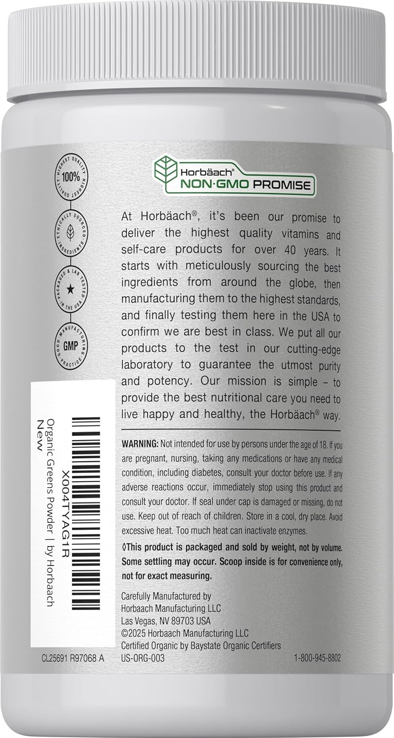 Horbäach Organic Greens Powder | 5.29 oz Supplement | with 20+ Superfoods, 18 Digestive Enzymes, and Prebiotics | Relieves Occasional Gas, Discomfort & Bloating | Vegan, and Non-GMO - Image 3