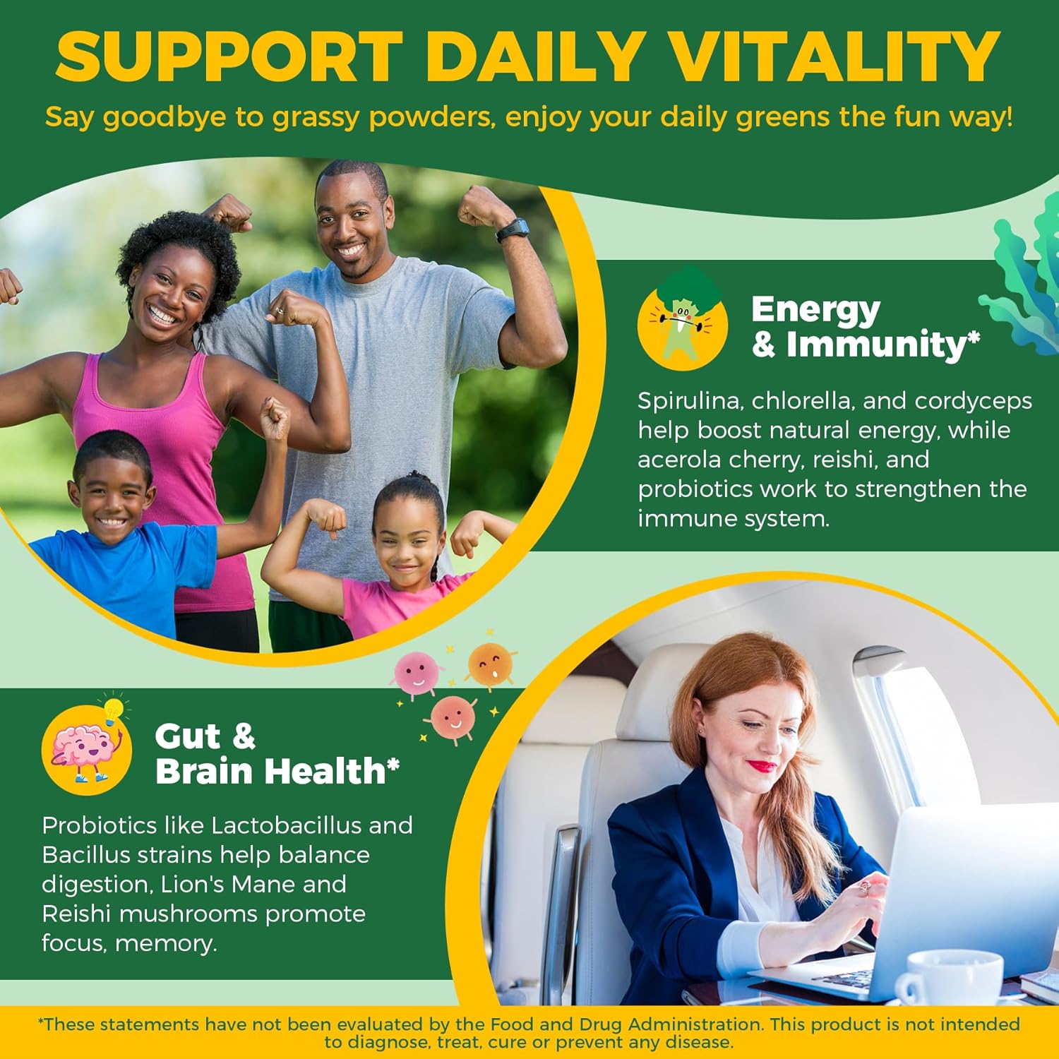 Organic Super Greens Daily Gummies + Probiotics, Spirulina, Chlorella, Spinach, Broccoli, Fiber, Fruits Veggies, Mushroom - Greens Powder Superfood Alternative, Natural Energy, Sugar Free Vegan, 60Cts - Image 5