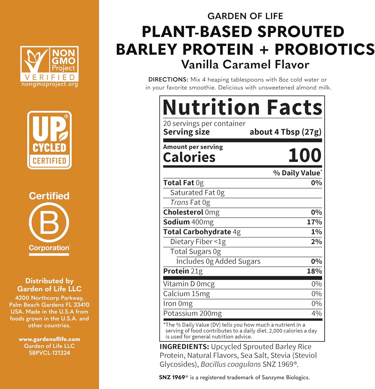 Garden of Life Plant-Based Sprouted Barley Protein, Vanilla Caramel with 21g Protein, 0g Sugar & Clean Ingredients, Upcycled Barley, Probiotics, Non-GMO, use in Shakes, Smoothies & Baking, 20 Servings - Image 5