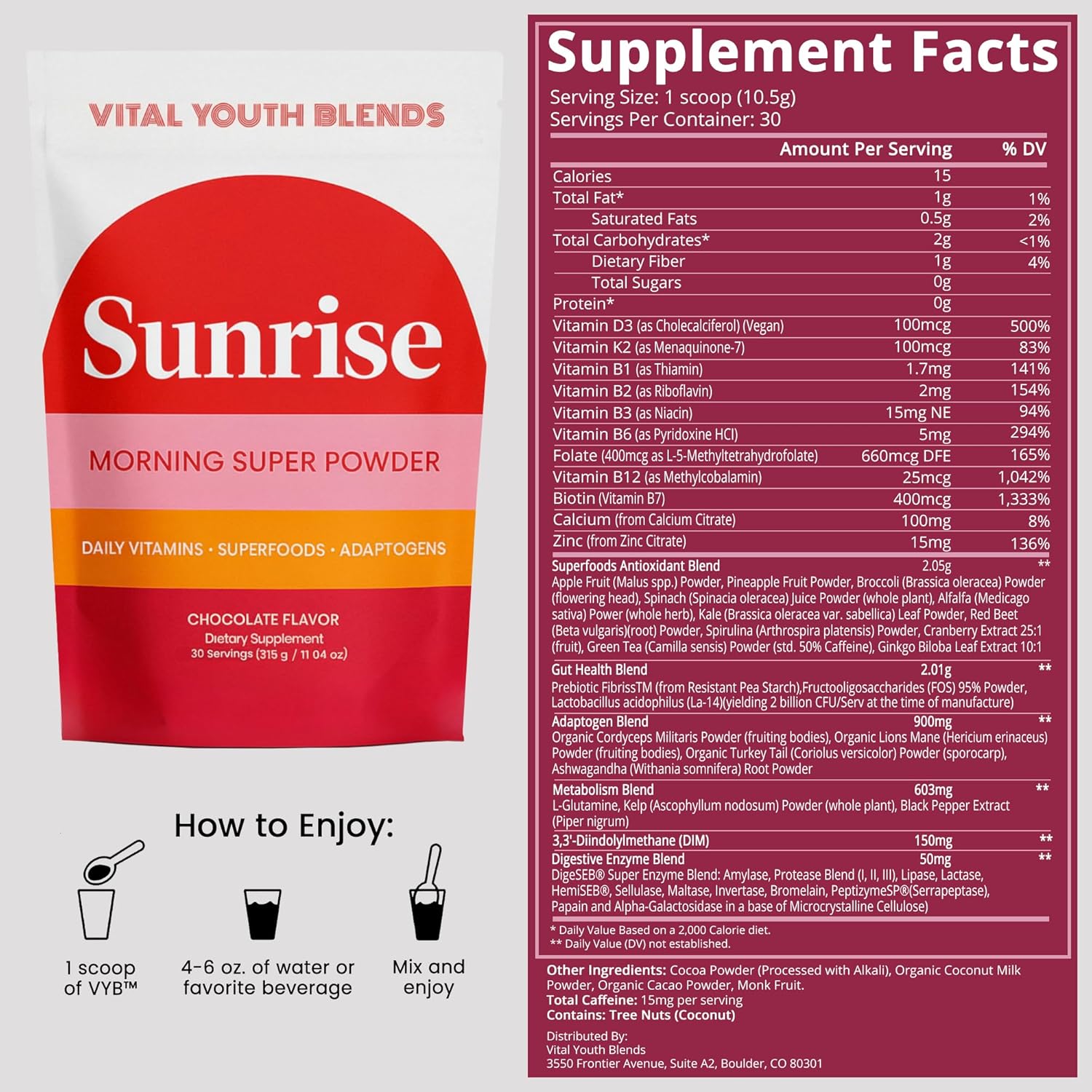VYB All-in-One Super Powder with Vitamins, Superfoods, Probiotics, Functional Mushrooms, & DIM for Gut Health, Energy, Mood, Hormone Support & Wellness -Chocolate Flavor - 30 Servings - Image 2