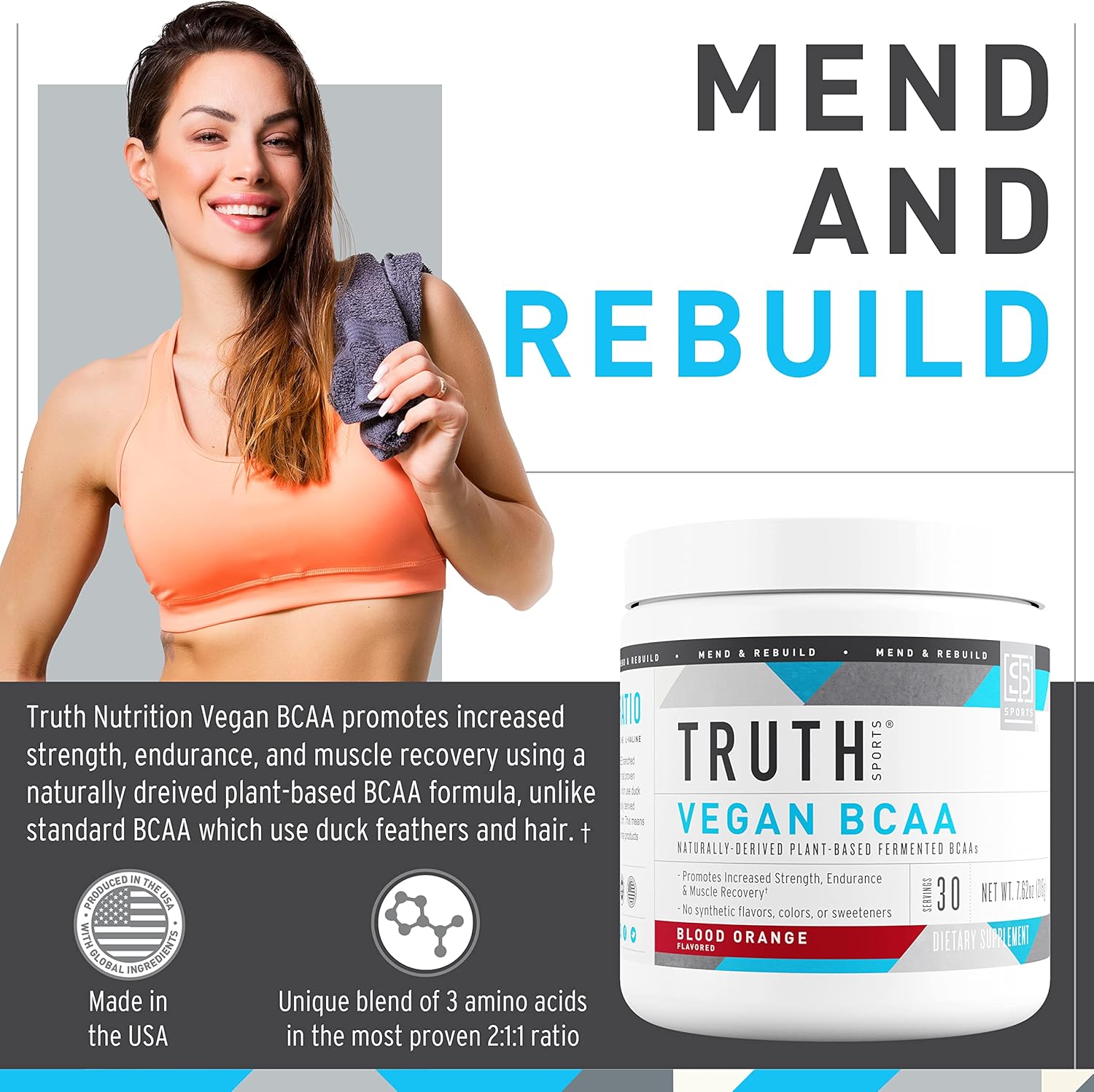 Truth Nutrition Vegan BCAA Powder- 2:1:1 Ratio Natural BCAAs Amino Acids Powder for Energy, Muscle Building, Post Workout Recovery Drink for Muscle Recovery (Blood Orange, 30 Servings) - Image 2