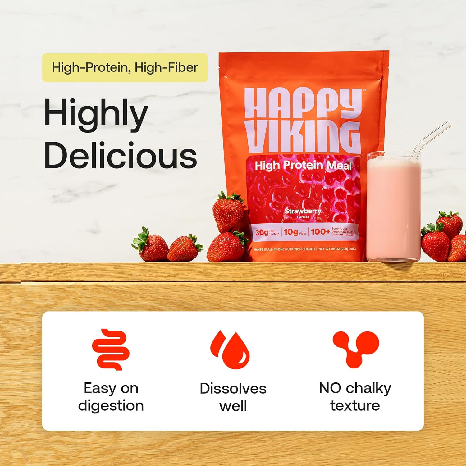 Happy Viking Plant-Based Protein Powder +100 Superfoods Strawberry Meal Replacement Shake, Created by Venus Williams, 30g Plant Protein, 10g Fiber, Vegan, Gluten-Free, Non-GMO,15 Meals - Image 2
