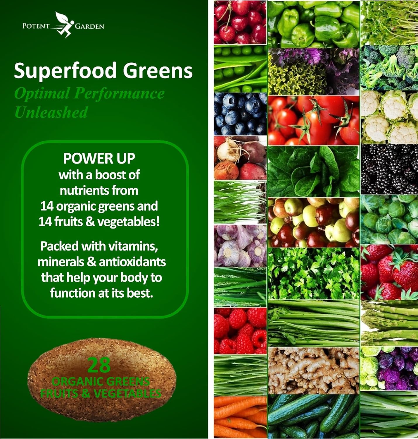 Potent Garden Organic Superfood Greens, Fruit and Veggies Supplement Rich in Vitamins & Antioxidants with Alfalfa, Beet Root & Tart Cherry to Boost Energy, Immunity & Gut Health, Greens Tablets 60 Ct - Image 2
