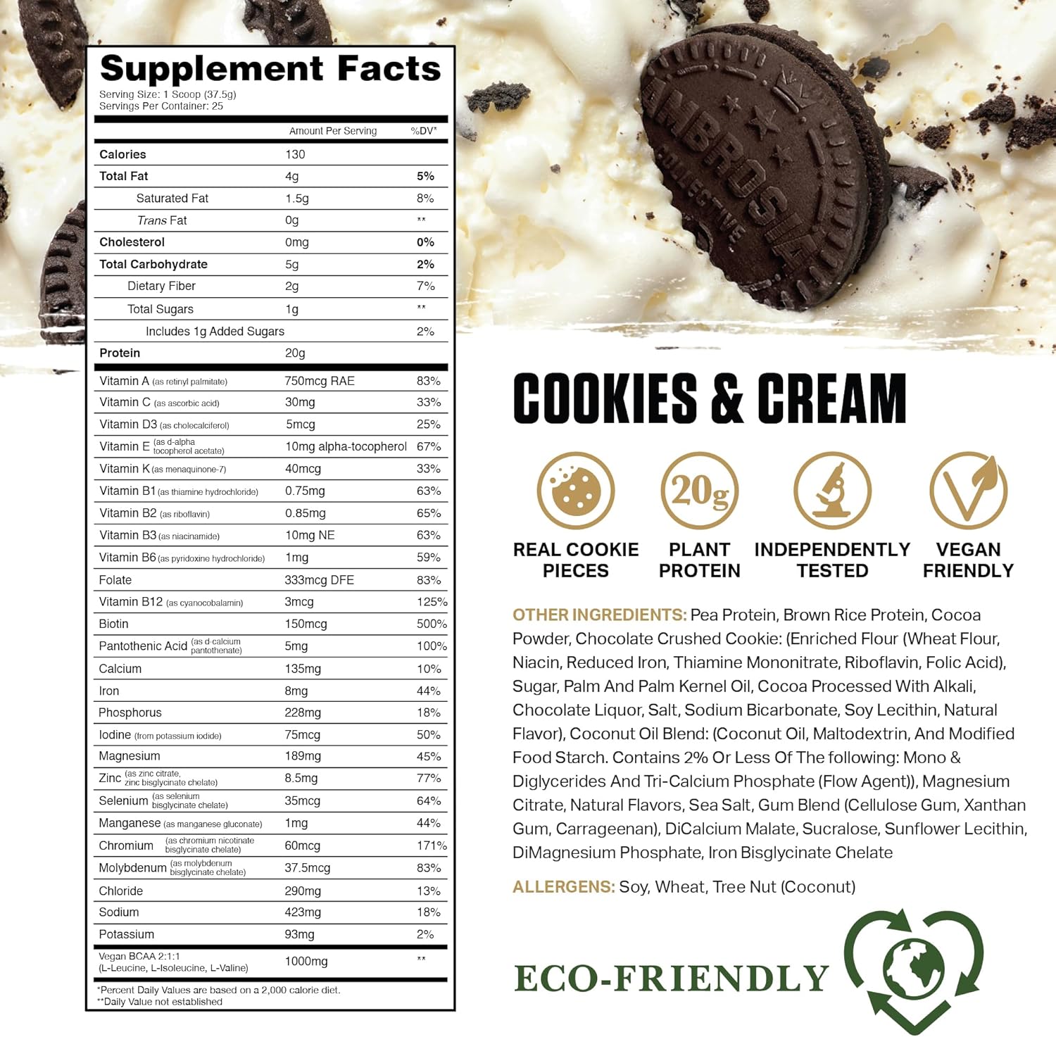 Ambrosia Planta - Plant-Based Protein Powder 20g | Dairy Free Vegan Protein Powder with BCAA Amino Acids | Keto-Friendly, No Added Sugar | 25 Servings | Cookies Cream - Image 2