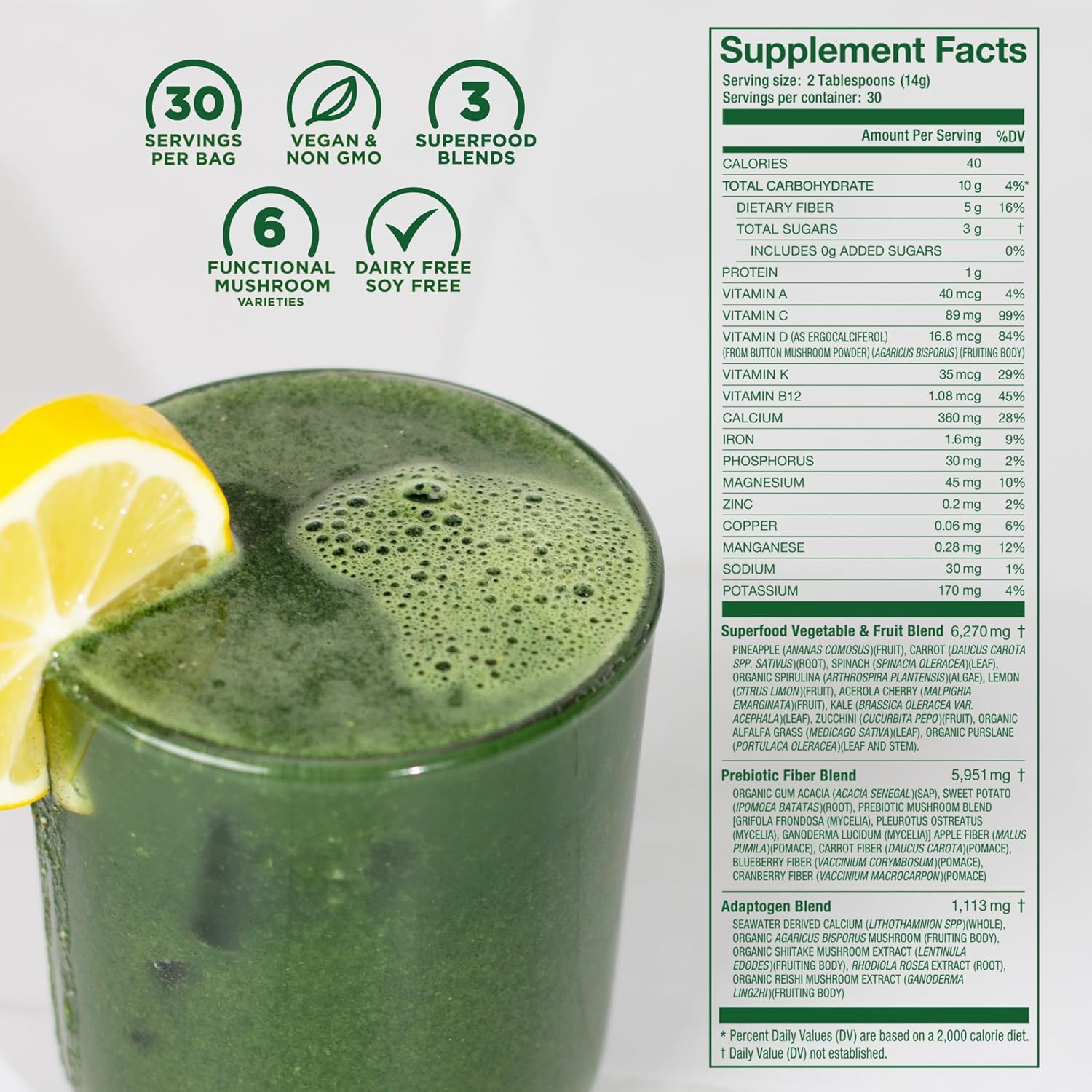 Laird Superfood Prebiotic Daily Greens Powder – Essential Vitamins & Minerals - Prebiotic Fiber, Adaptogen and Fruits & Vegetables – Supports Gut Health – Non-GMO, Vegan - 14.8 oz Bag, Pack of 1 - Image 3