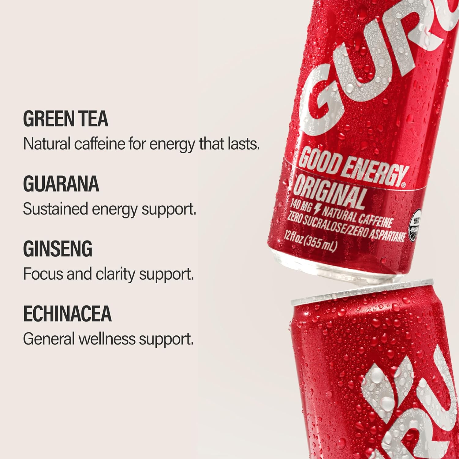 GURU Original Organic Energy Drinks, Clean Energy Drink with Plant Based Natural Caffeine from Green Tea, Gluten Free and Vegan, 140MG Caffeine, Healthy Drinks, 12oz (Pack of 12) - Image 3