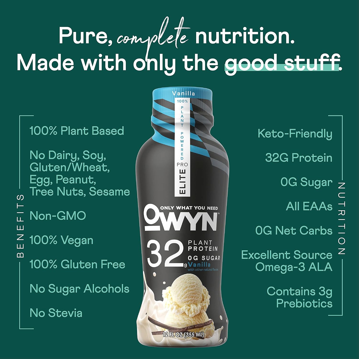 OWYN Only What You Need Pro Elite Vegan High Protein Keto Shake, 32g Protein, 9 Amino Acids, Omega-3, Prebiotics, Workout and Recovery, 0g Net Carbs, Zero Sugar (Vanilla, 12 Fl Oz (Pack of 24) - Image 3