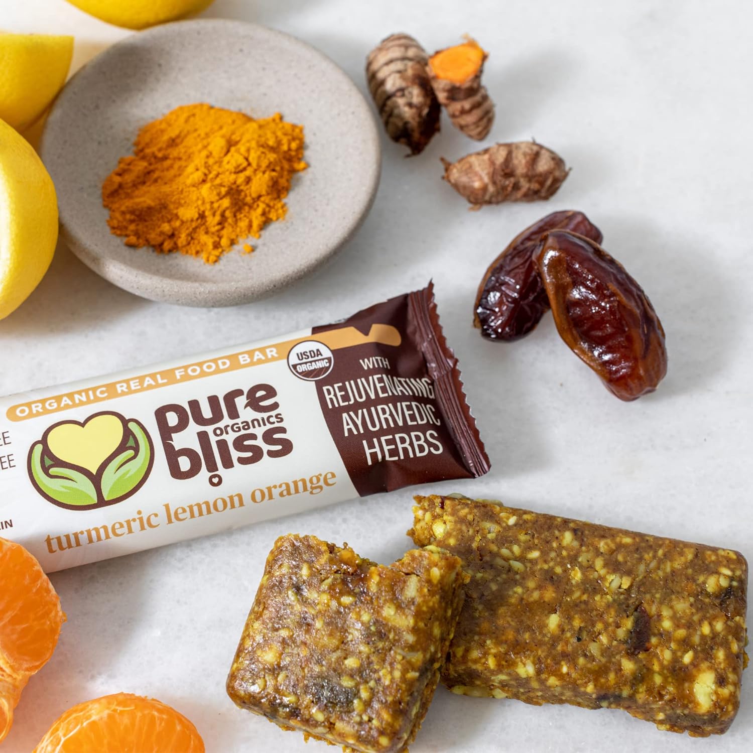 Organic Real Food Bars (Turmeric Lemon Orange) Grain Free - Paleo Friendly - Non-GMO, Gluten Free, Vegan, Nutrition Bars, Super Food Energy Bars, Ayurvedic & Adaptogen Herb Blend, Healthy Snack, Breakfast Bars, Dairy Free, Soy Free, Pure Bliss Organics (1.7 oz, 12-Pack Case) - Image 3