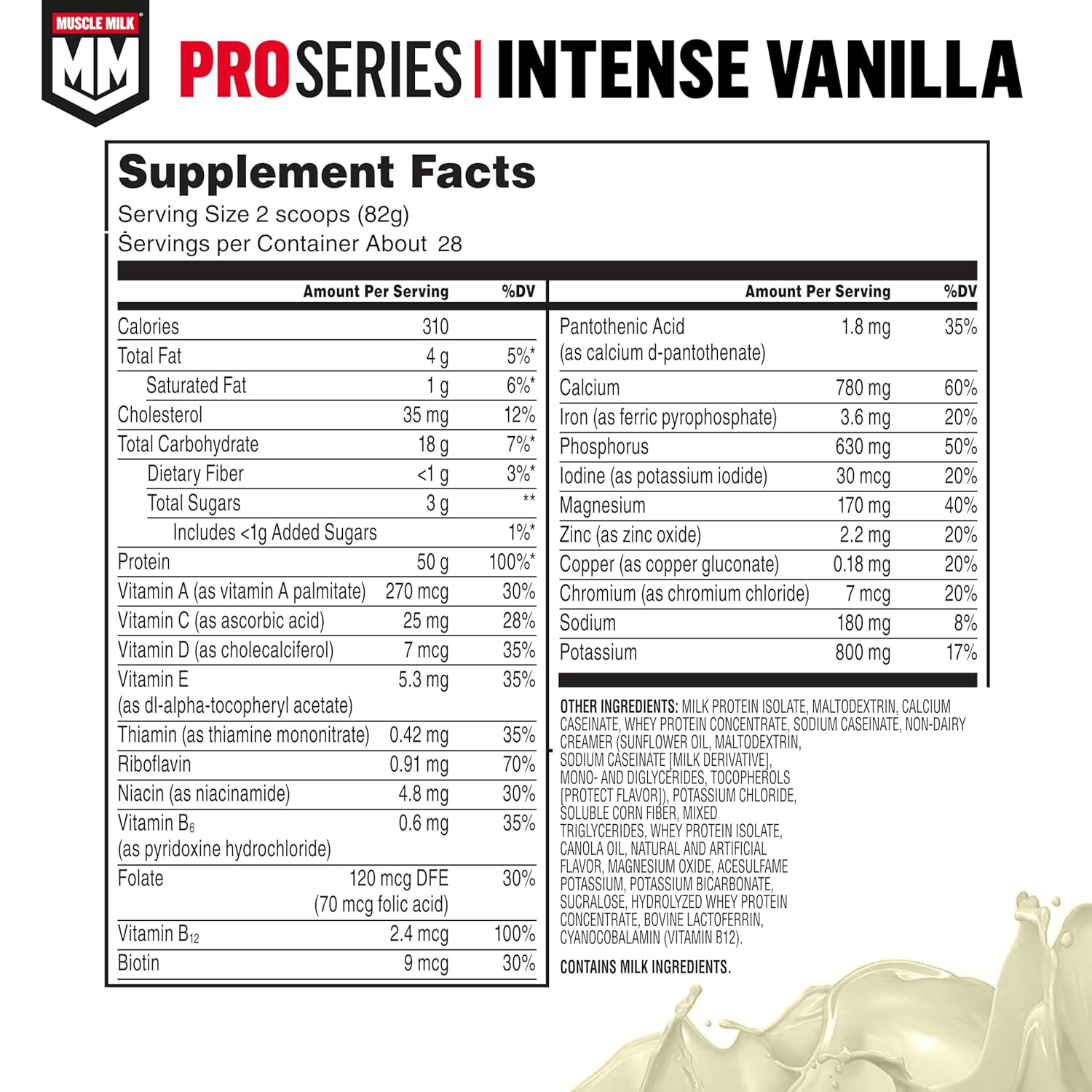 Muscle Milk Pro Series Protein Powder Supplement, Intense Vanilla, 5 Pound, 28 Servings, 50g Protein, 3g Sugar, 20 Vitamins & Minerals, NSF Certified for Sport, Workout Recovery, Packaging May Vary - Image 2