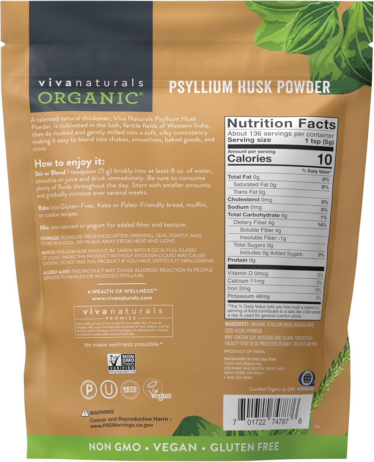 Viva Naturals Organic Psyllium Husk Powder, 24 oz – Finely Ground, Unflavored, Vegan, Keto, Paleo, Non-GMO Plant-Based Superfood, Good Source of Fiber for Gluten-Free Baking, Juices & Smoothies - Image 6