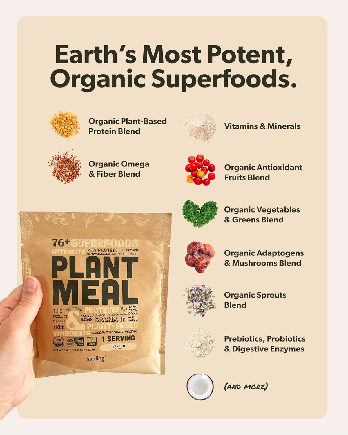 Plant Meal Replacement Shake - Vanilla - 25g of Plant Based Vegan Protein Powder, 76+ Organic Superfoods, Vitamins & Minerals, Mushrooms, Super Greens, Digestive Enzymes & Probiotics - 1 Serving - Image 5