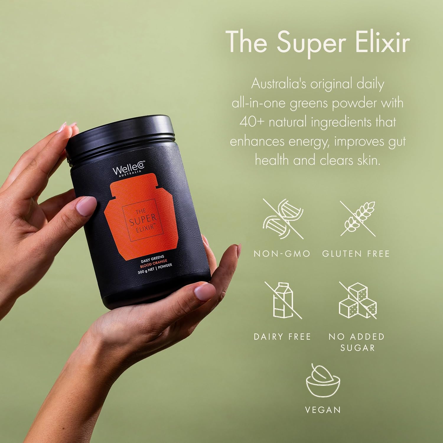 WelleCo The Super Elixir Daily Greens Powder, Probiotic Drink Mix with Whole Foods, Gluten Free, Vegan Gut Health Powder, Energy, Immunity, Healthy Skin, Hair & Nails (Jar, Blood Orange) - Image 5