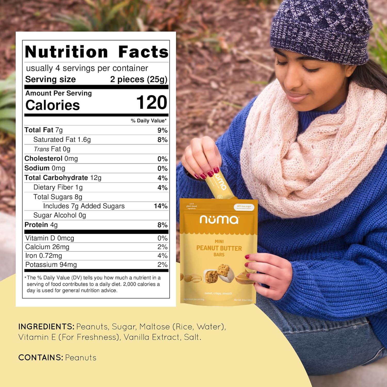 Numa Foods Mini Peanut Butter Bars – Vegan, Low Sugar, High Protein, All Natural, Gluten Free – Crunchy Plant Based Peanut Butter Snacks – 3 Bags with 8 Individually Wrapped PB Bites - Image 2