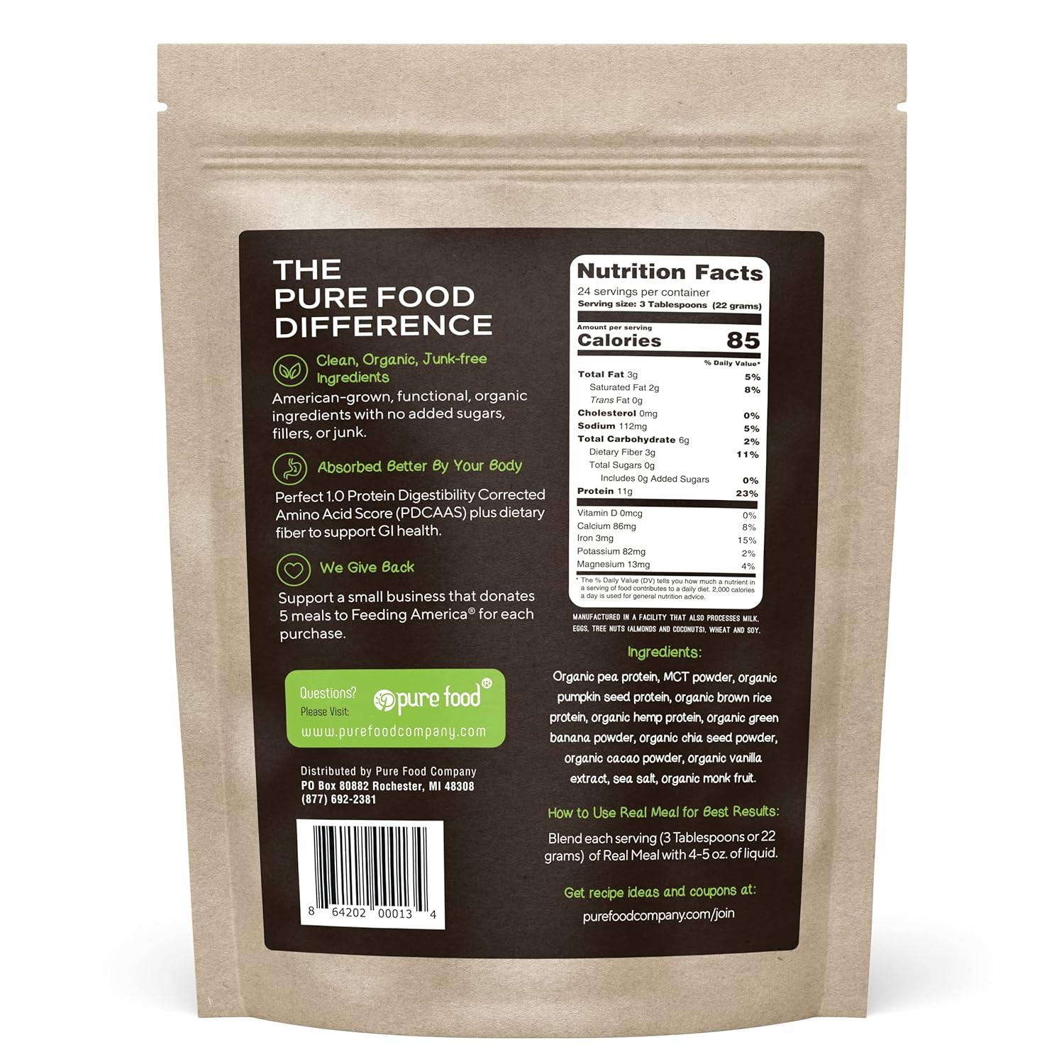 Pure Food Real Meal Vegan Protein Replacement Powder - Organic Plant-Based Gluten-Free Low-Carb High-Fiber No-Sugar Formula - 530 Gram Raw Cacao (Chocolate) Flavor - Image 3