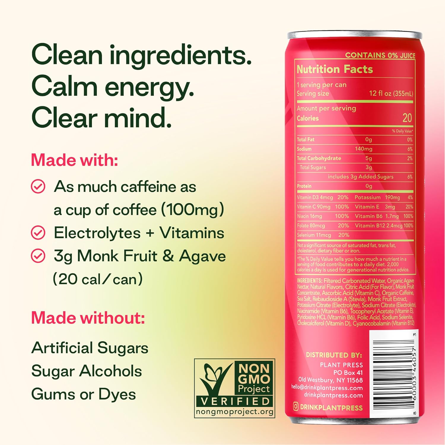 Plant Press - Organic Energy Drink, 100 mg Caffeine Clean Coffee Alternative, Full Range of Vitamins, Electrolytes, No Sugar Alcohols, No Preservatives (12 Fl Oz (Pack of 12), Watermelon) - Image 3