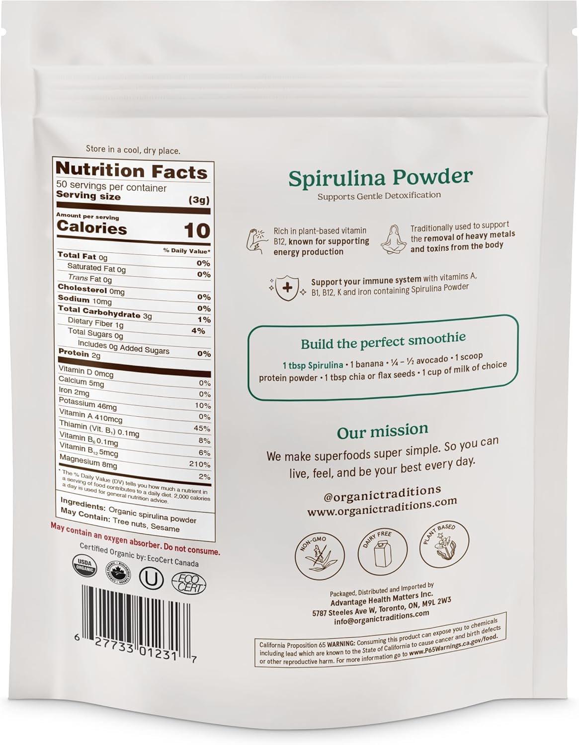 Organic Traditions Spirulina Powder Organic, Plant-Based Green Superfood for Smoothies, Rich Algae Powder for Energy Support, Easy Mixing Spirulina for Daily Wellness Routines, 150g / 5.3oz Bag - Image 7