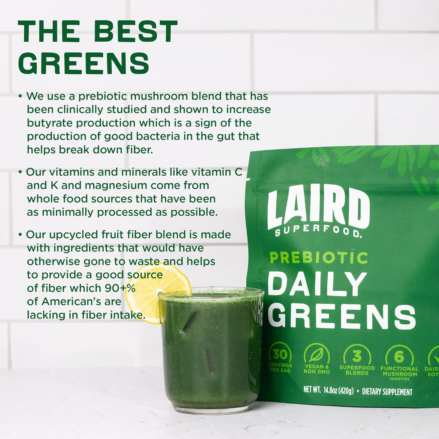 Laird Superfood Prebiotic Daily Greens Powder – Essential Vitamins & Minerals - Prebiotic Fiber, Adaptogen and Fruits & Vegetables – Supports Gut Health – Non-GMO, Vegan - 14.8 oz Bag, Pack of 1 - Image 6