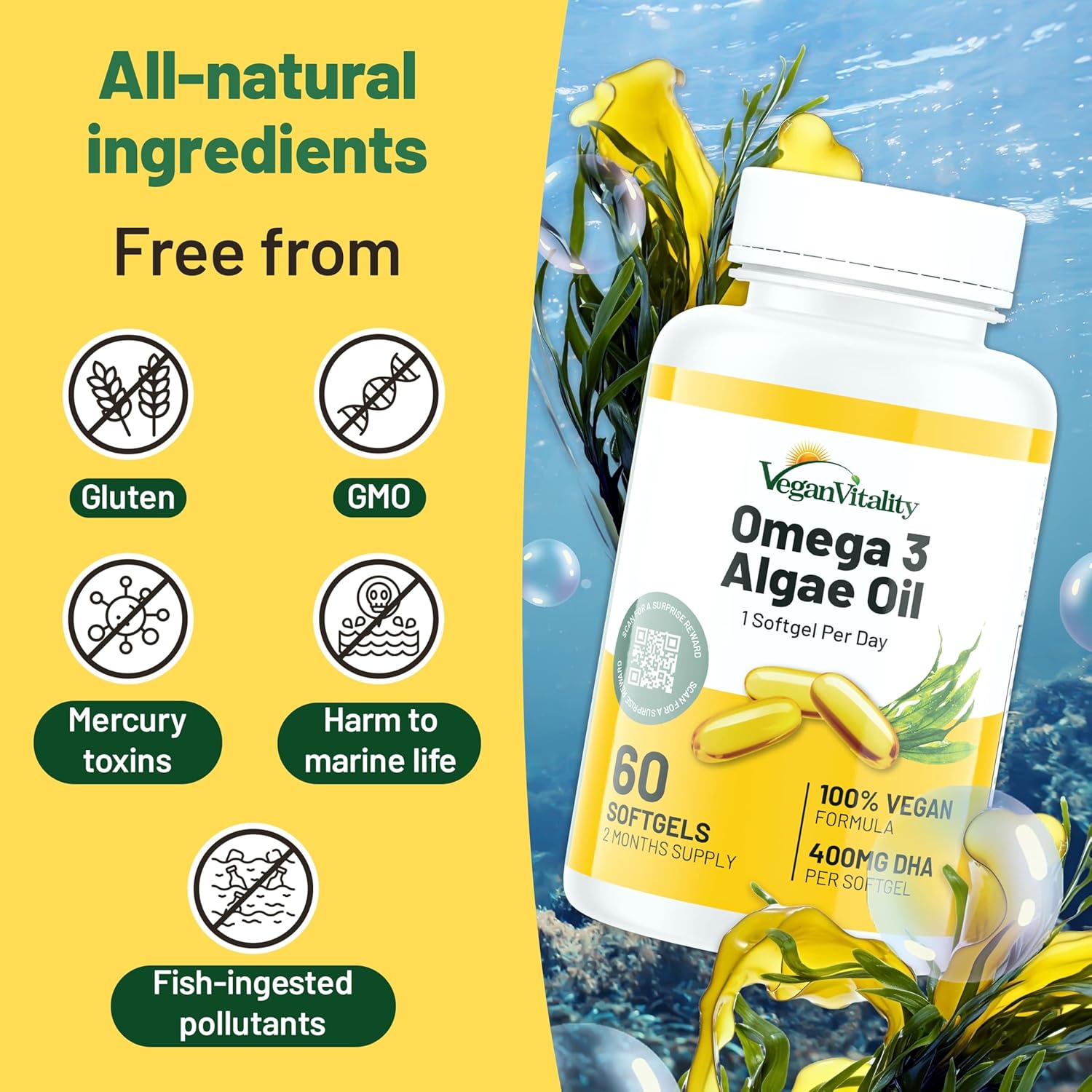Vegan Vitality Vegan Omega 3 Supplement - 60 Plant Based Algae Oil Soft Gels Essential Fatty Acids with Vegan DHA for Joint, Heart & Immune Support Without EPA - Image 4