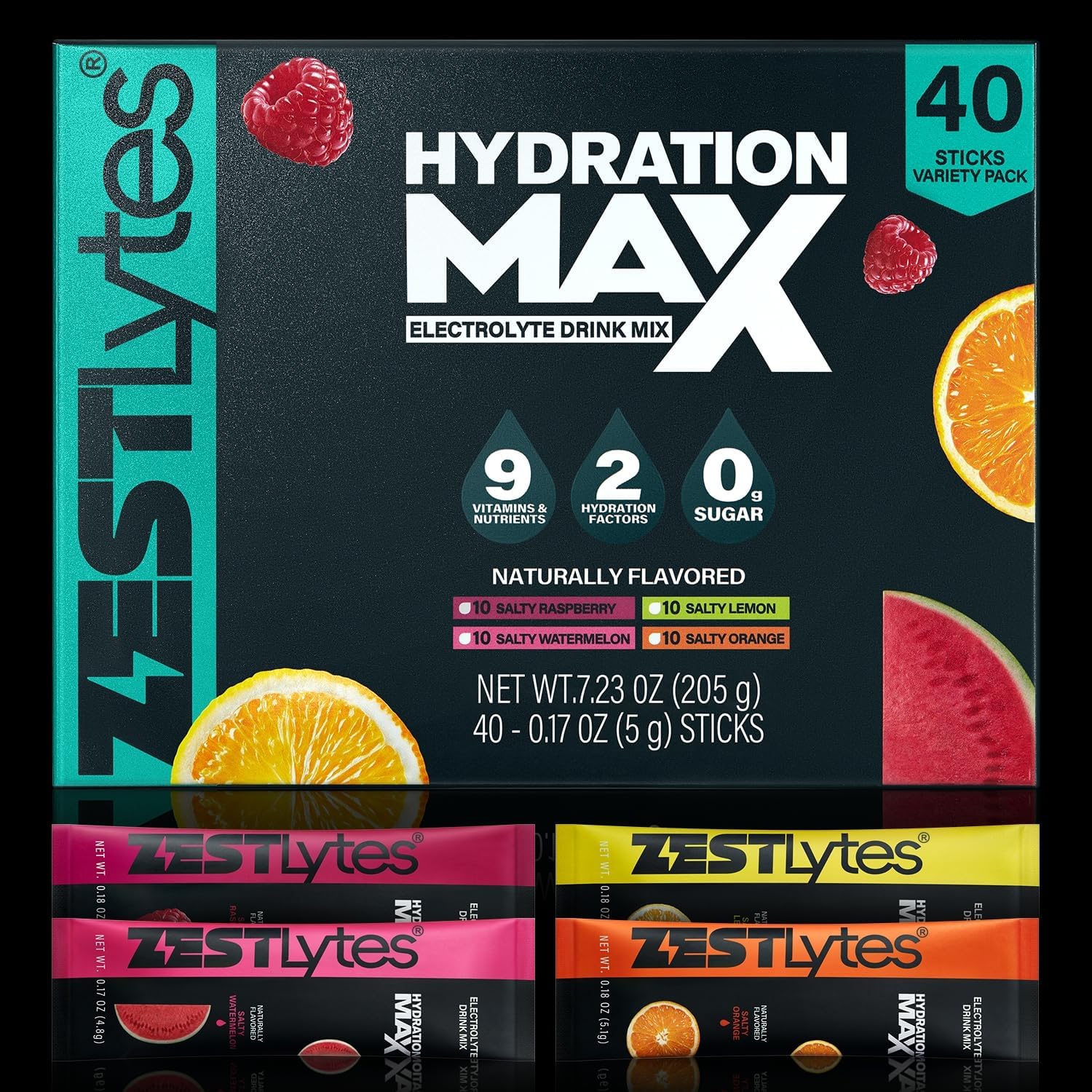 40 Sticks Salty Fruit Flavor Sugar Free Electrolyte Hydration Packets, Electrolyte Powder Drink Mix, Liquid Daily IV Flavors | 9 Vitamins & Nutrients | 2 Hydration Factors