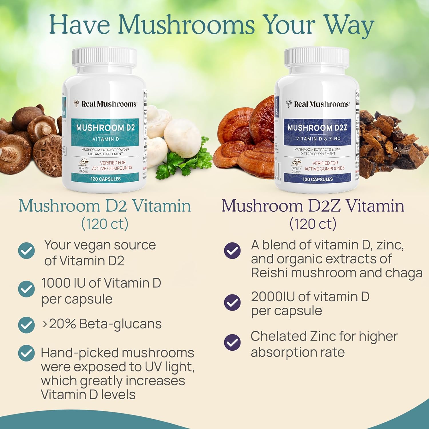 Real Mushrooms Vitamin D2 from Shiitake & Agaricus – Vegan Mushroom-Based D Supplement – Vitamins for Overall Wellness Support– Organic, Non-GMO, 1000 IU – 120 Count Functional Mushroom - Image 6