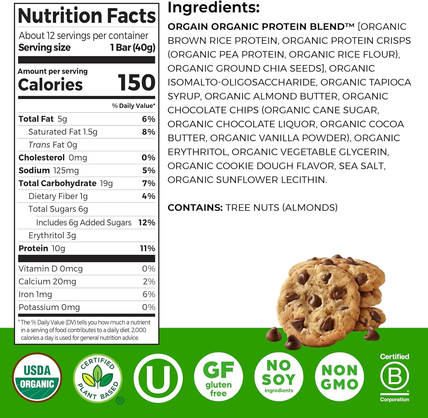 Orgain Organic Vegan Protein Bars, Chocolate Chip Cookie Dough - 10g Plant Based Protein, Low Calorie Healthy Snacks, No Lactose or Soy Ingredients, Gluten Free, Non-GMO - 1.41 Oz (Pack of 12) - Image 2