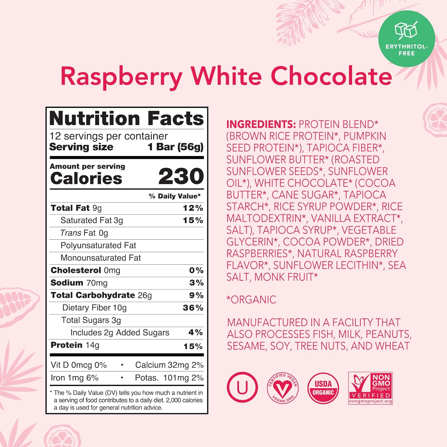 ALOHA Organic Plant Based Protein Bars | Raspberry White Chocolate | 12 Count, 1.98oz Bars | Vegan, Low Sugar, Gluten Free, Paleo, Low Carb, Non-GMO, Stevia Free, Soy Free, No Sugar Alcohol Sweeteners: LIMITED EDITION - Image 2