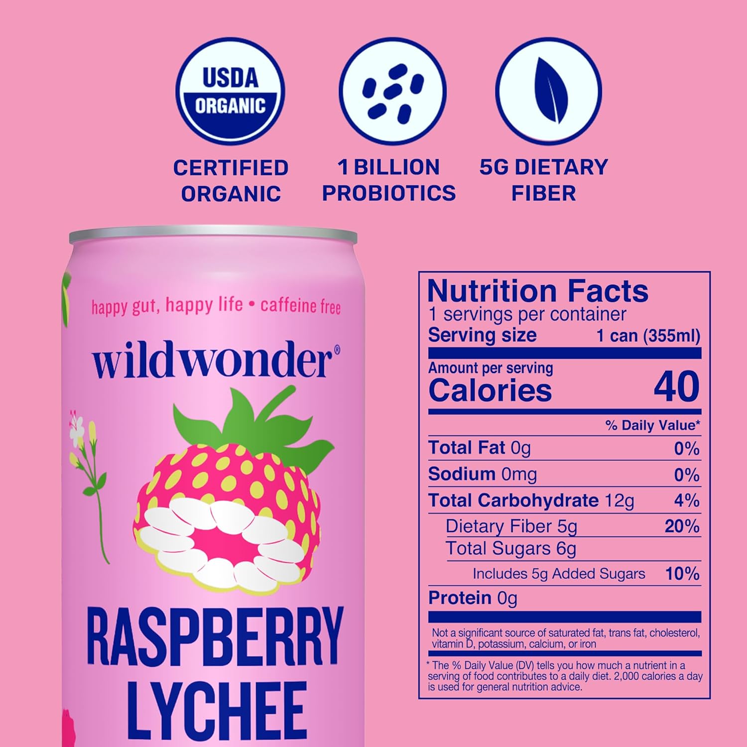 NEW! wildwonder Sparkling Probiotic Drink 12pk, For Gut Health & Immune Support, Raspberry Lychee, 5g Prebiotic Fiber, Live Probiotics, Organic, Vegan, Low Sugar, 12 Pack, 12oz Can, Seen on Shark Tank - Image 2