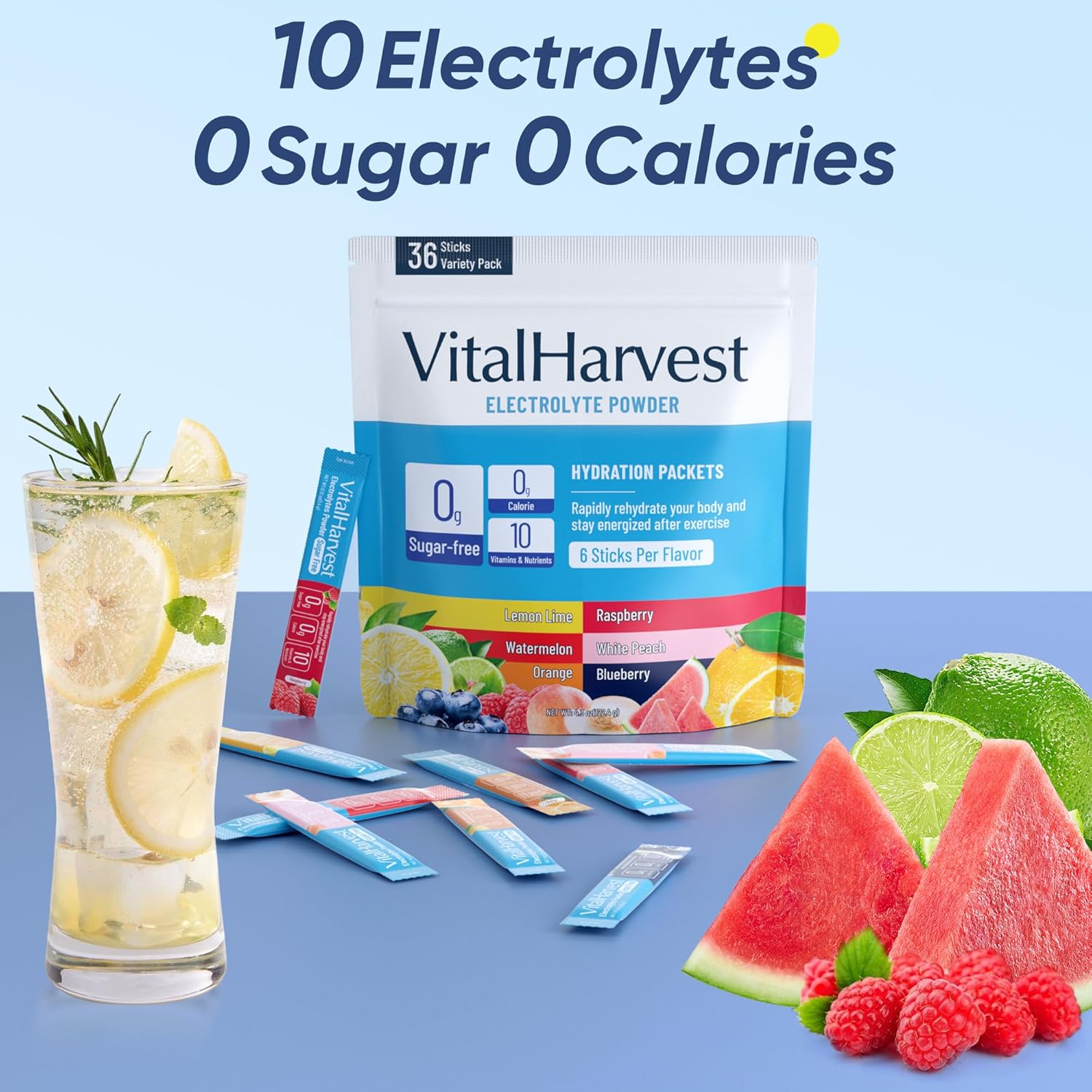 VitalHarvest 36 Sticks Electrolytes Powder Packets 6 Flavors Sugar Free Hydration Packets Electrolyte Liquid Daily IV Drink Mix with Lemon Lime, Watermelon, Orange, Raspberry, White Peach, Blueberry - Image 5