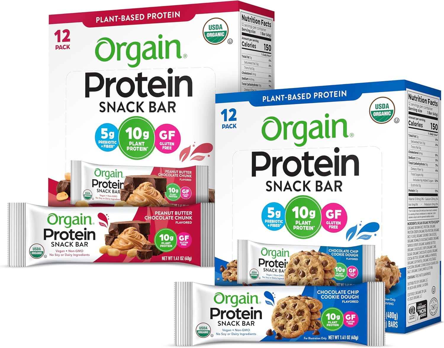 Orgain Organic Vegan Protein Bars Bundle - Chocolate Chip Cookie Dough & Peanut Butter Chocolate Chunk - 10g Plant Based Protein, Gluten Free, Non-GMO - 1.41 Oz (2 Pack of 12)