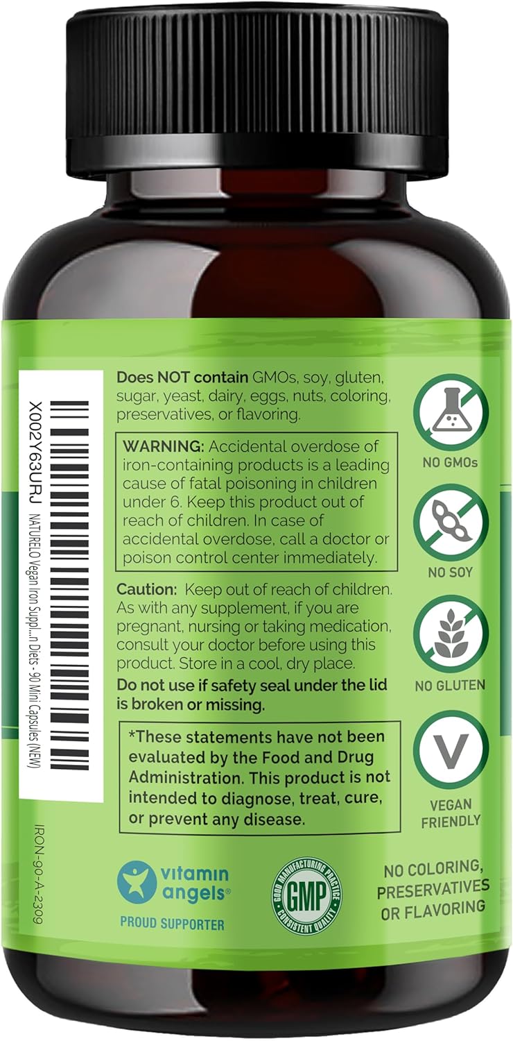 NATURELO Vegan Iron Supplement with Vitamin C and Organic Whole Foods - Gentle Iron Pills for Women & Men with Iron Deficiency Including Pregnancy, Anemia and Vegan Diets - 90 Mini Capsules - Image 7