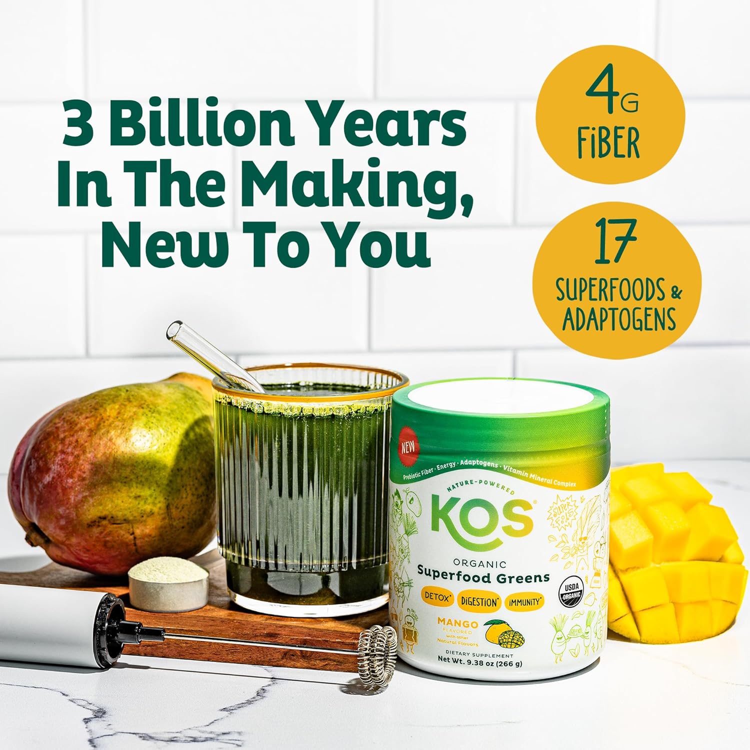 KOS Organic Superfood Greens Powder - Gut Health from Prebiotic Fiber, Supergreens and Adaptogens - USDA Certified Organic, Made in a GMP Certified Facility - 28 Servings Mango - Image 5